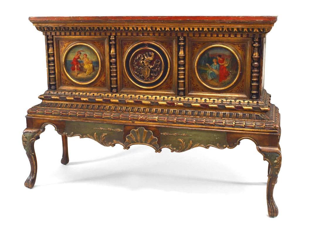 Italian Renaissance style (late 19th Century) polychromed and parcel gilt chest on a stand with round painted panels and faux marble top.
