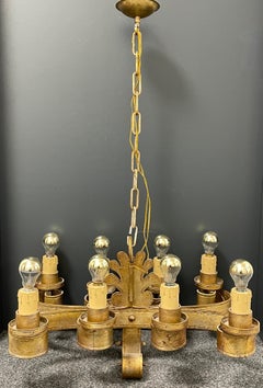 Italian Renaissance Style Gilt Iron Chandelier Tole Toleware, Vintage, 1960s