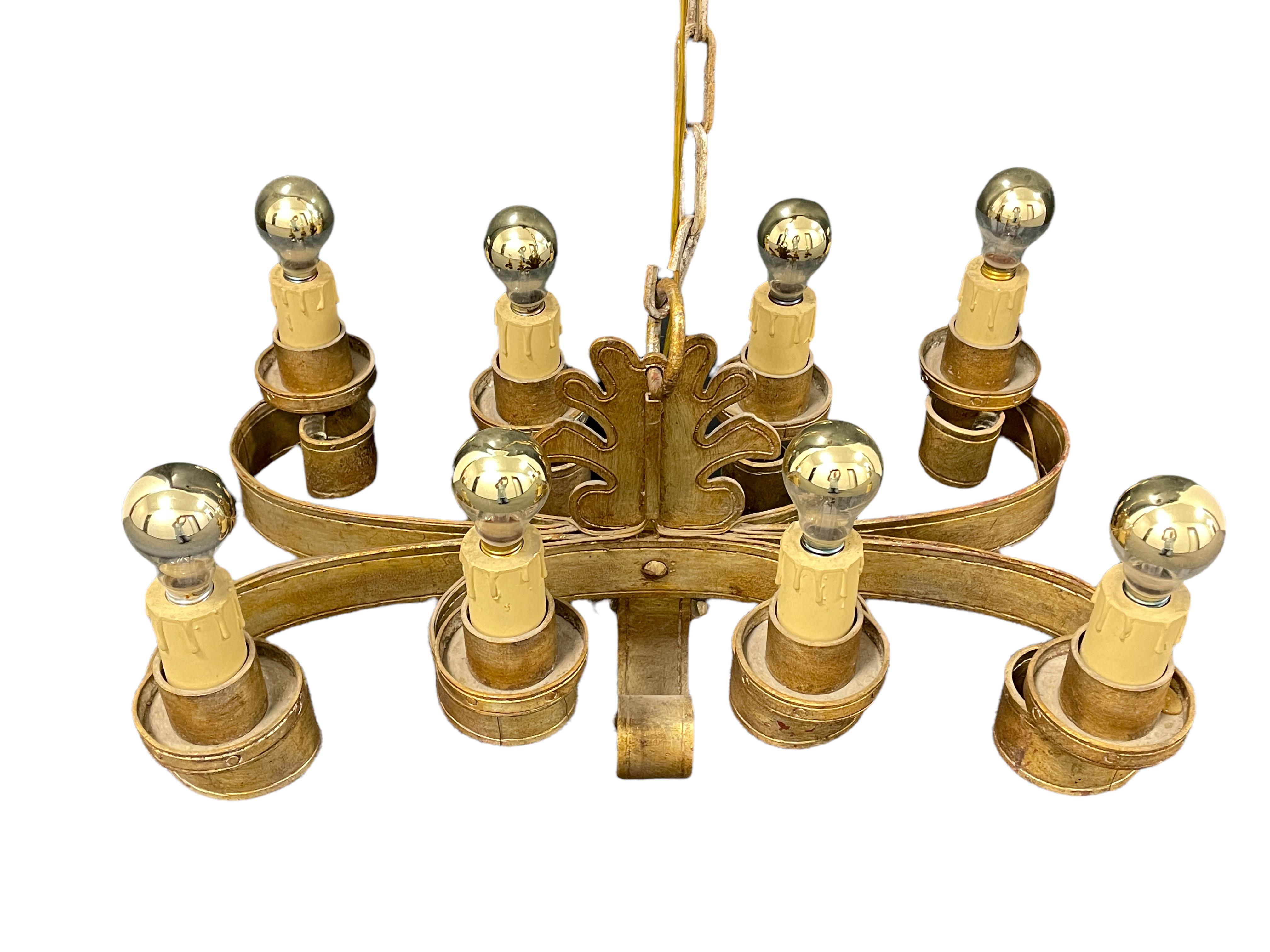 Italian Renaissance Style Gilt Iron Chandelier Tole Toleware, Vintage, 1960s For Sale 3