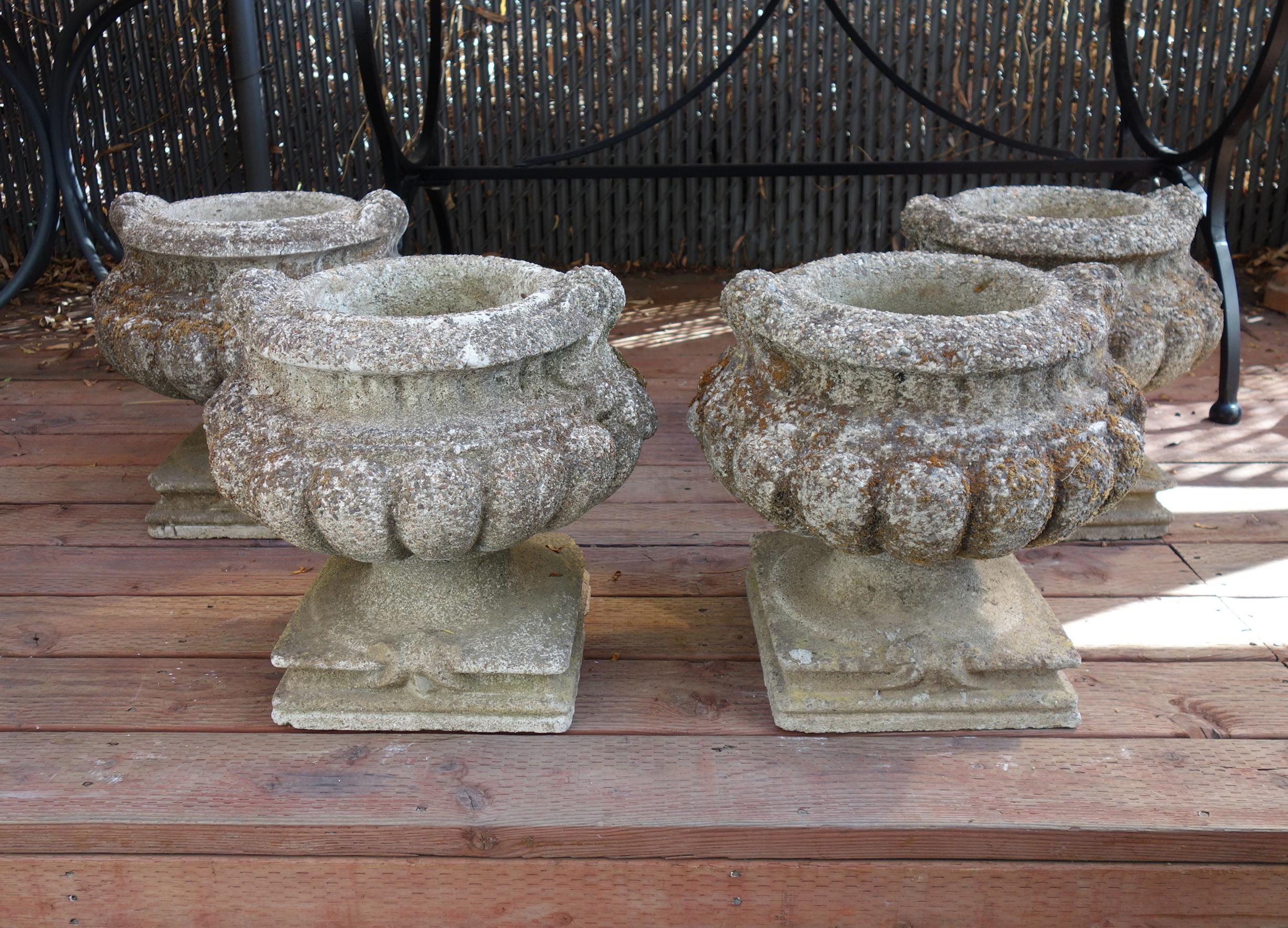 Italian Renaissance style bacellati vessels in cast stone grisaglia. 
Matching chalice shaped planters, 2 pairs available.  Circa 1930.  Lake Como, Italy. 
Bacellatura defined in this case as the concentric, vertical bands on the goblet or chalise;
