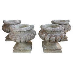 Italian Renaissance Style Grisaglia Cast Stone Bacellati Vessel Planters 2 Pairs