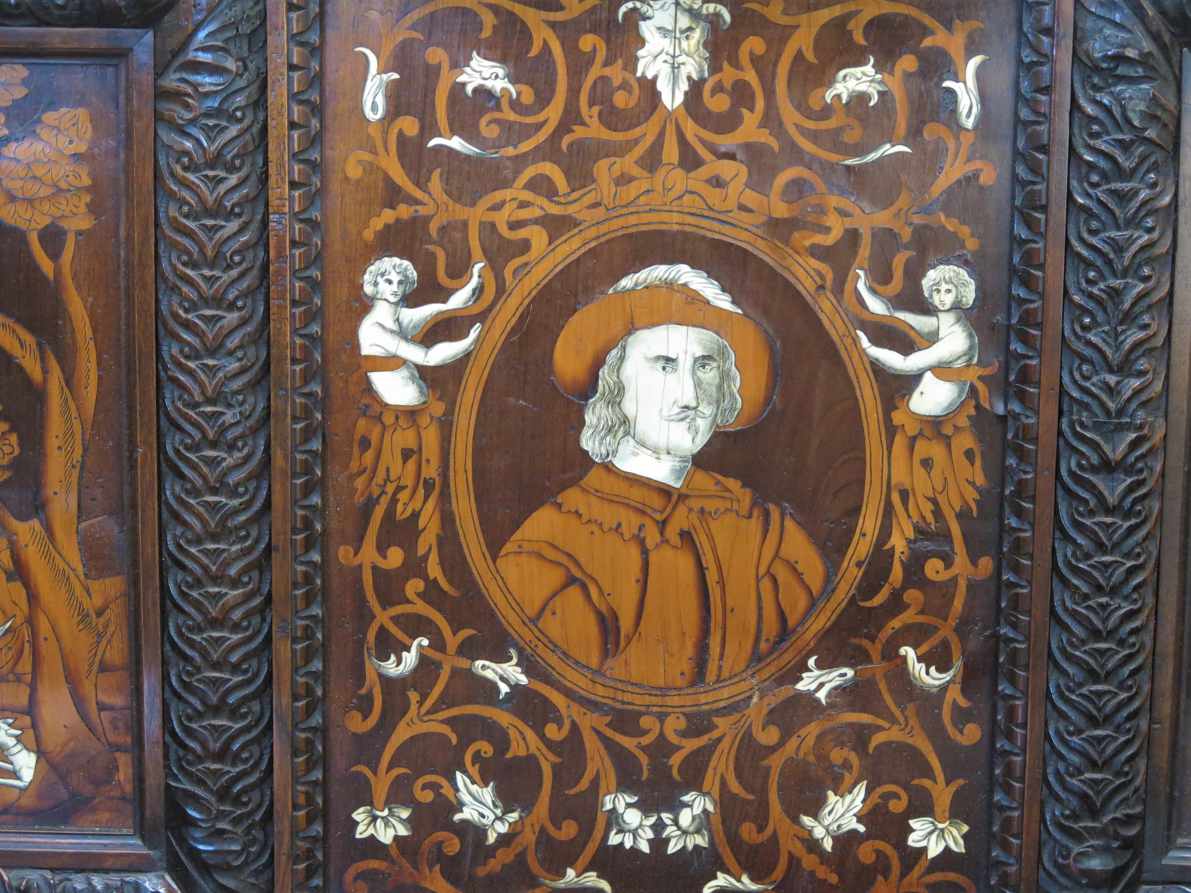 Italian Renaissance-Style Hall Bench with Marquetry Hunting Scenes 9