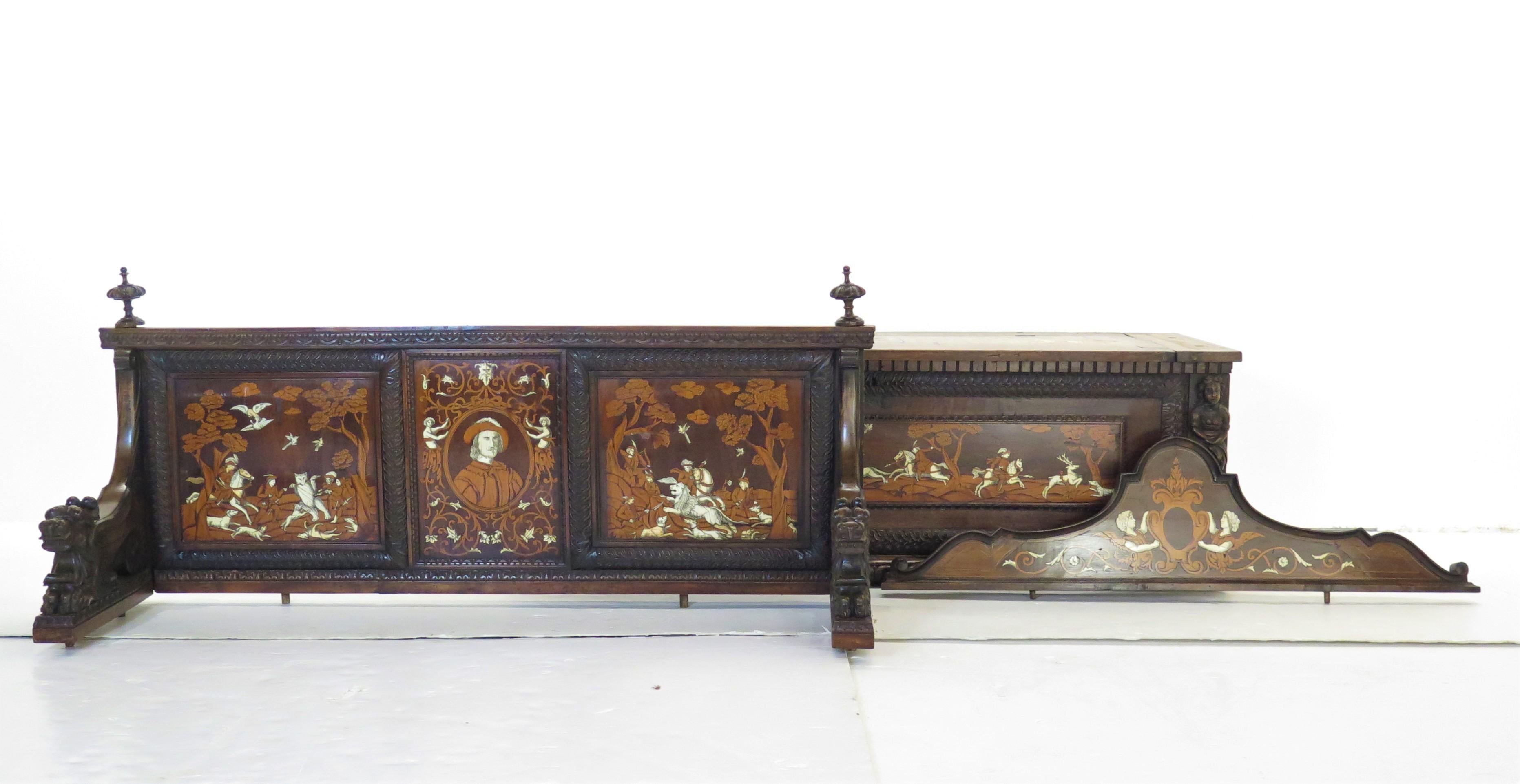 Italian Renaissance-Style Hall Bench with Marquetry Hunting Scenes 12