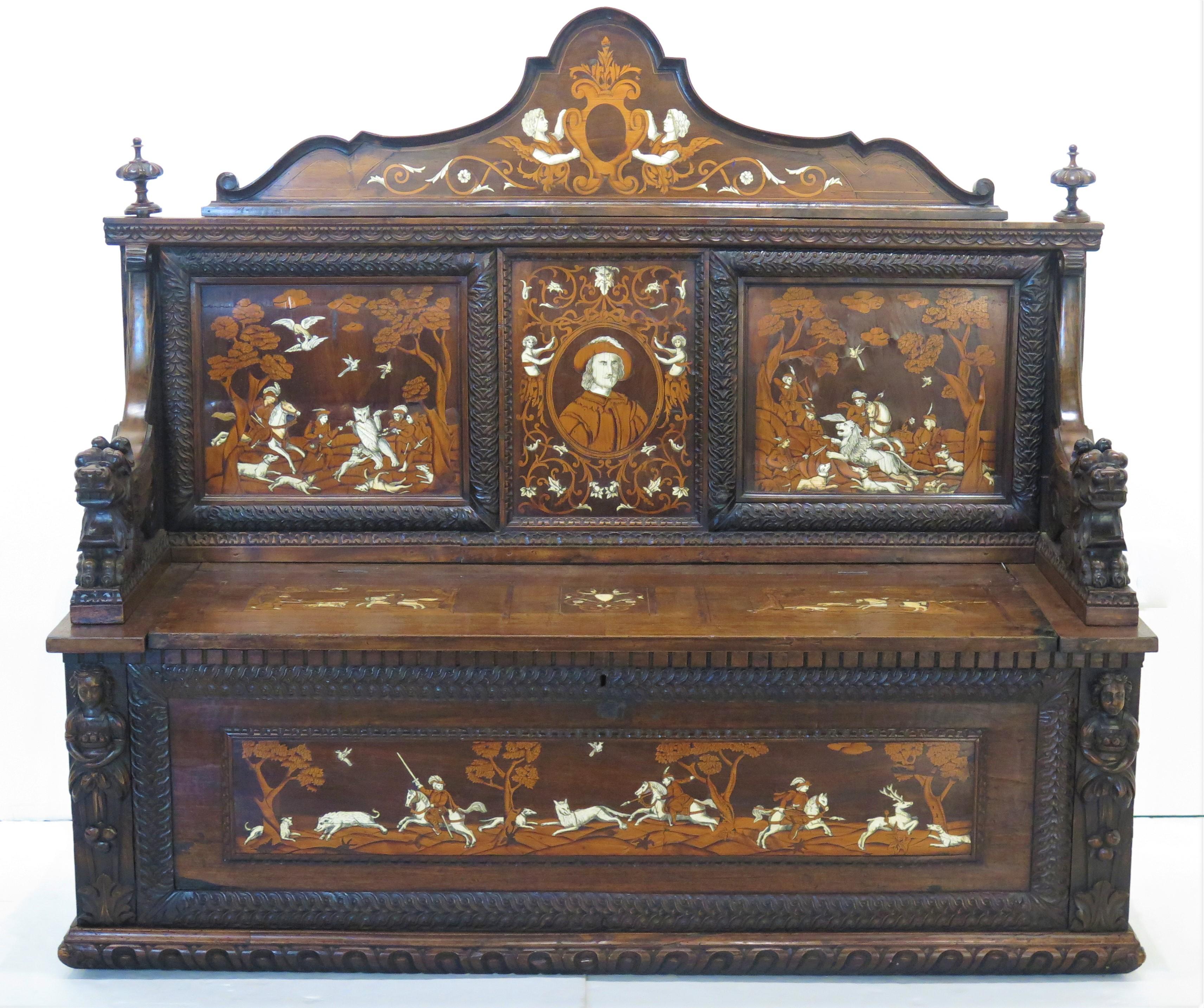 Italian Renaissance-Style Hall Bench with Marquetry Hunting Scenes 13