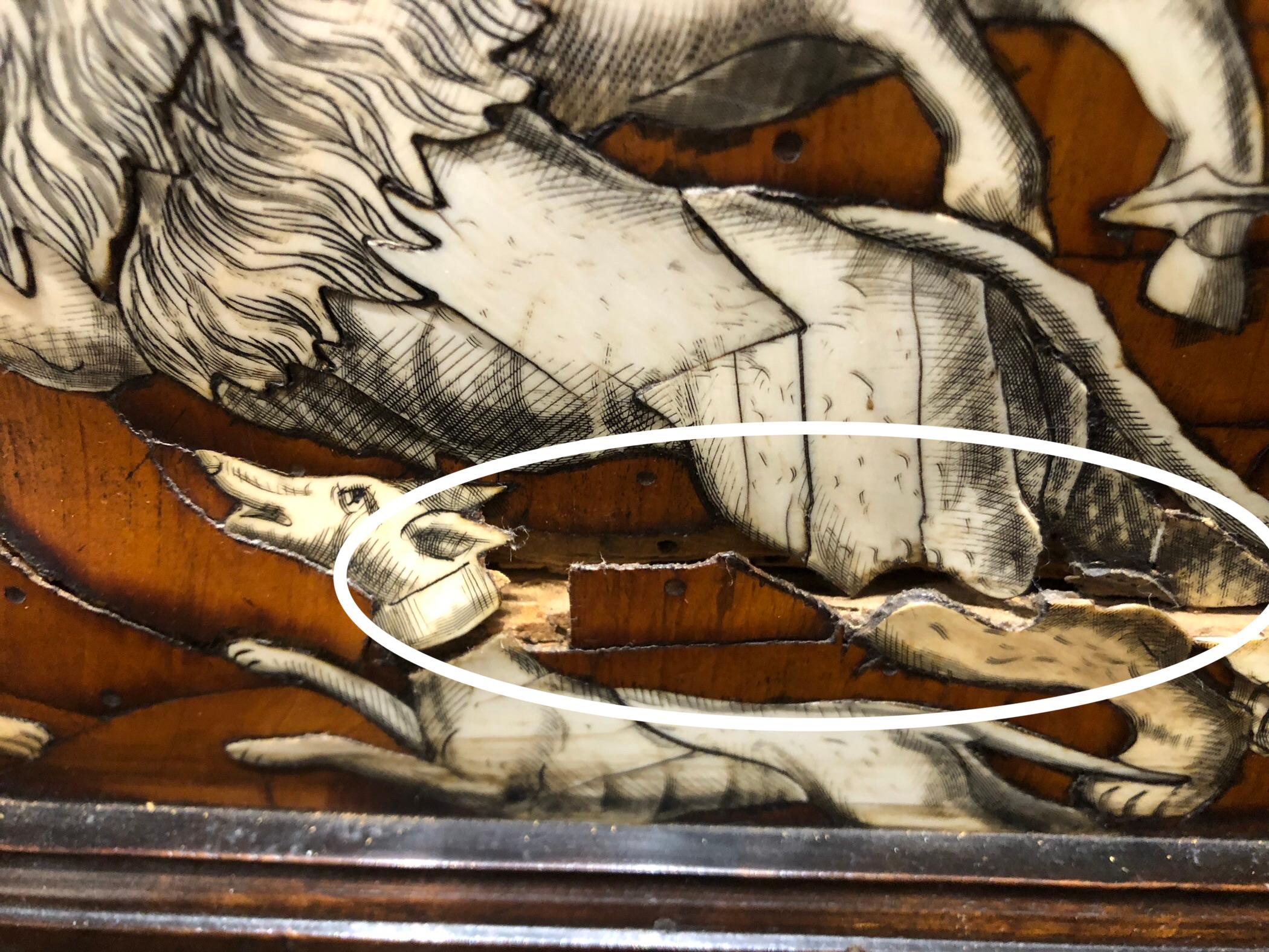 Banc d'entrée italien de style Renaissance avec scènes de chasse en marqueterie 14