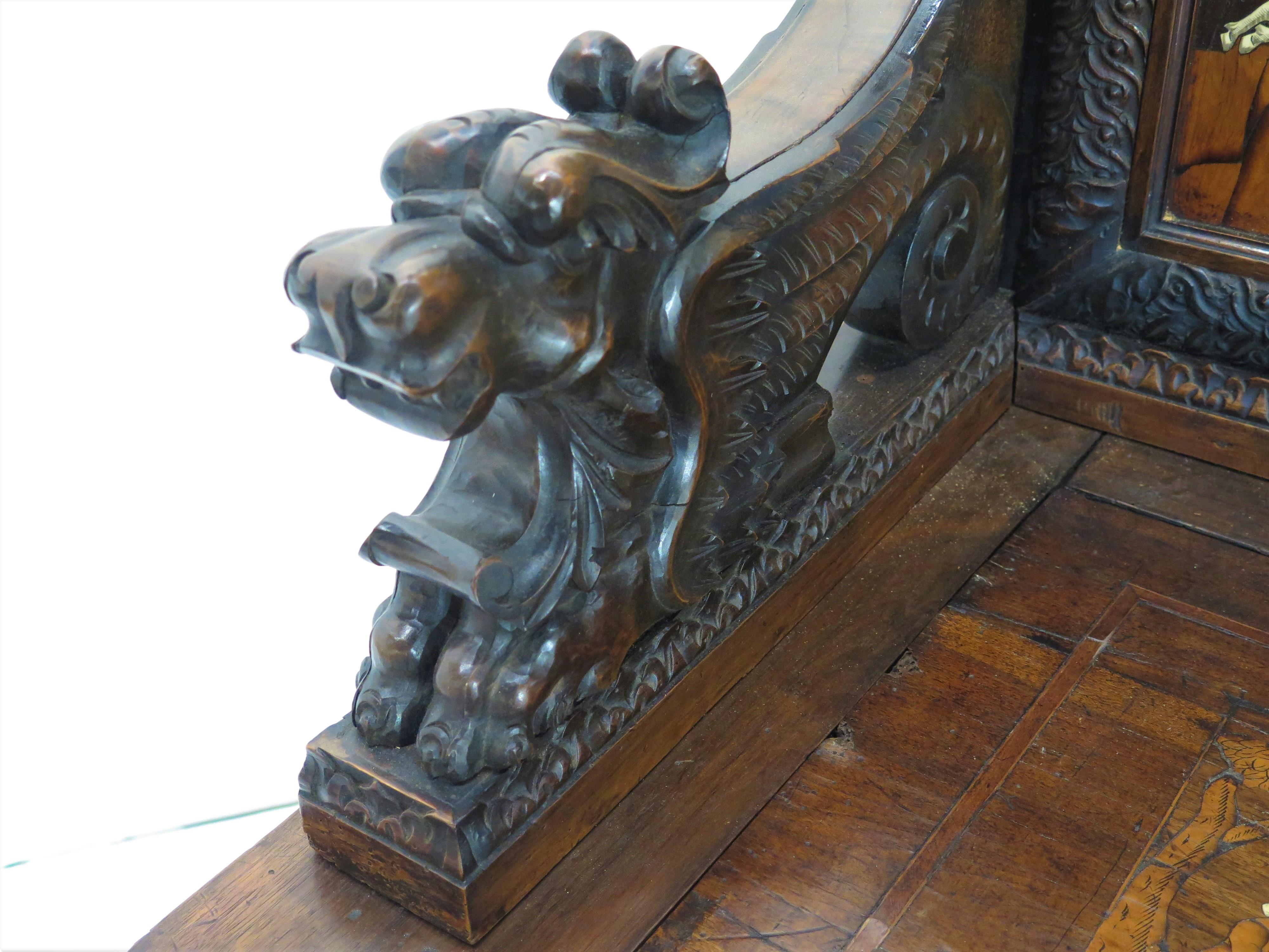 Italian Renaissance-Style Hall Bench with Marquetry Hunting Scenes 3