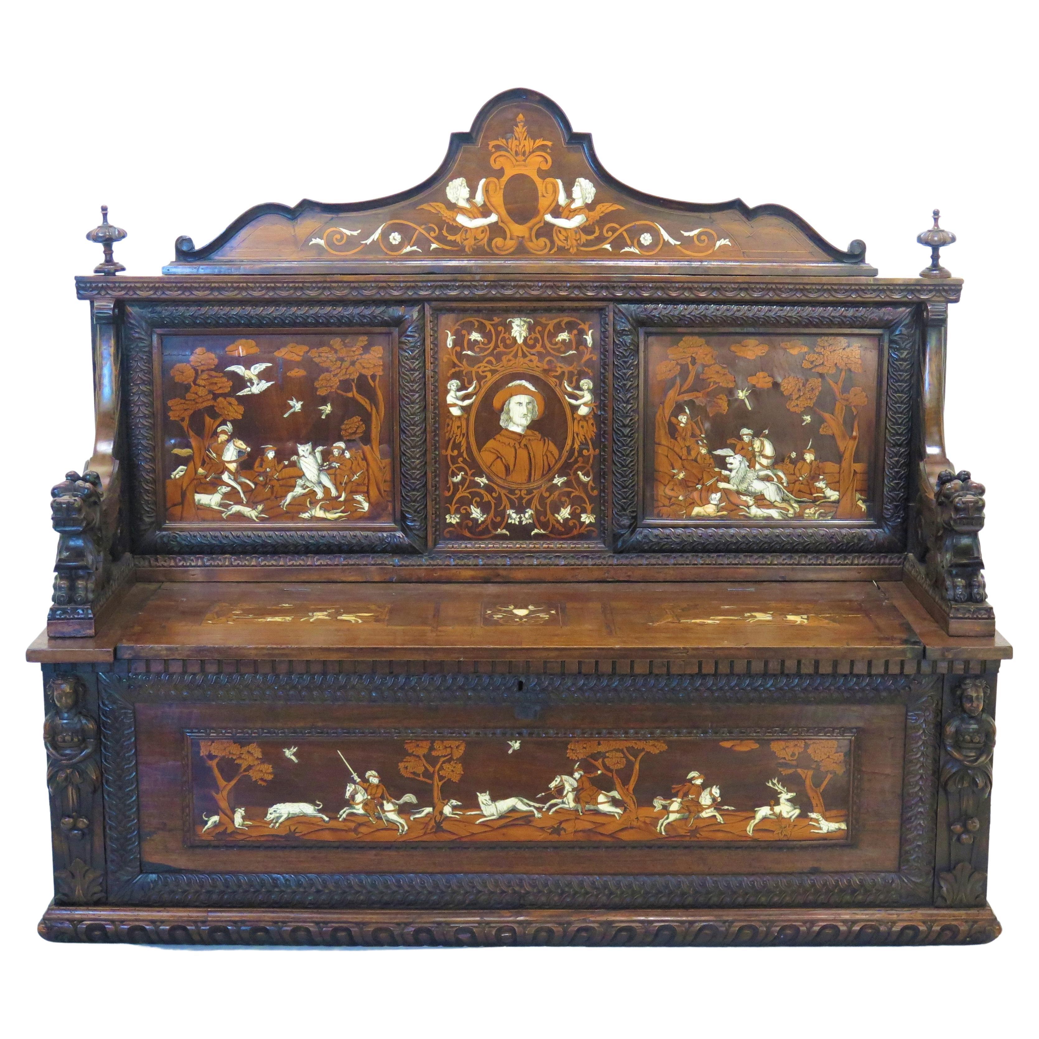 Italian Renaissance-Style Hall Bench with Marquetry Hunting Scenes