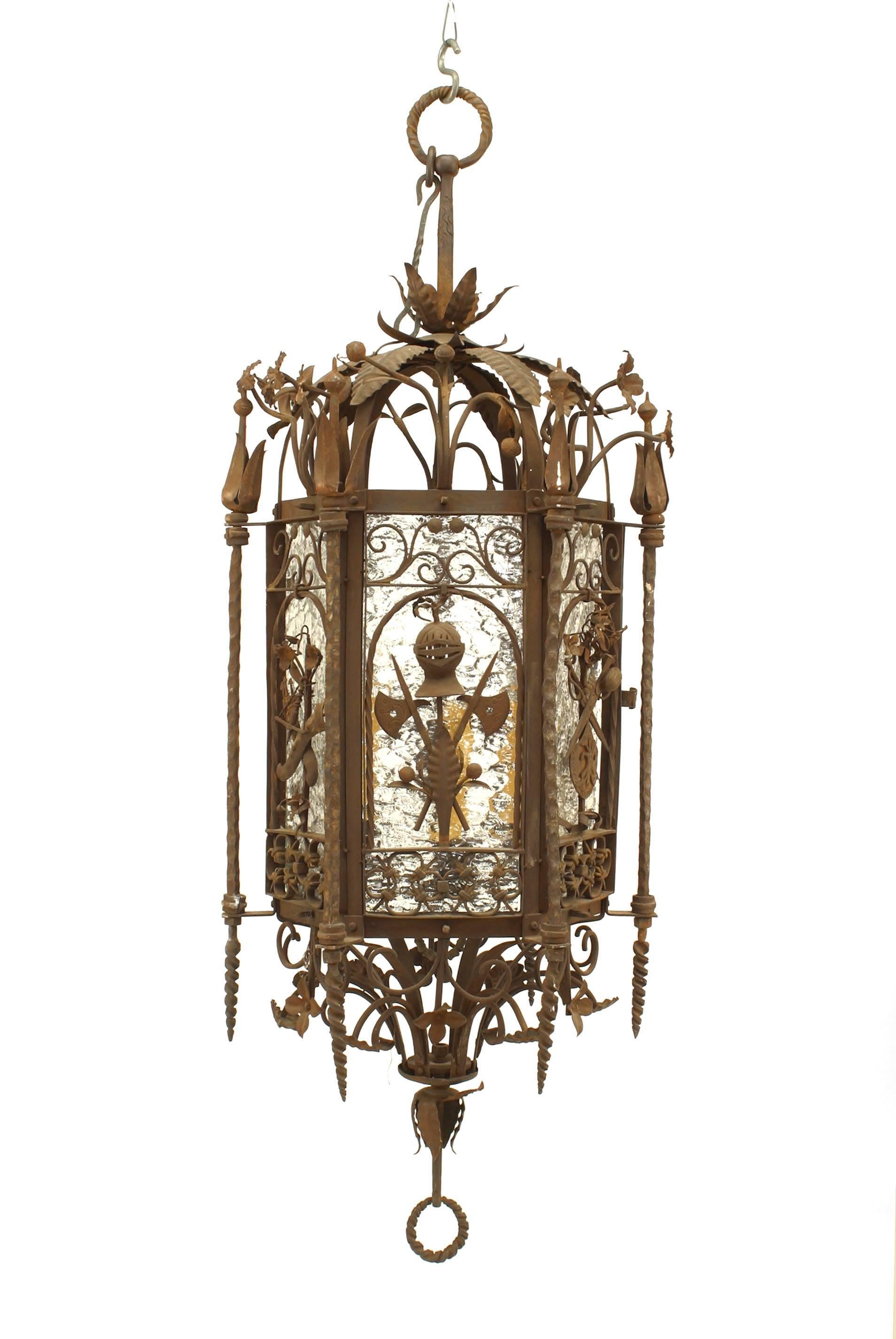 Italian Renaissance-style (19/20th Century) wrought iron 6 sided hanging lantern with military motifs and glass panels (attributed to: SAMUEL YELLIN)
