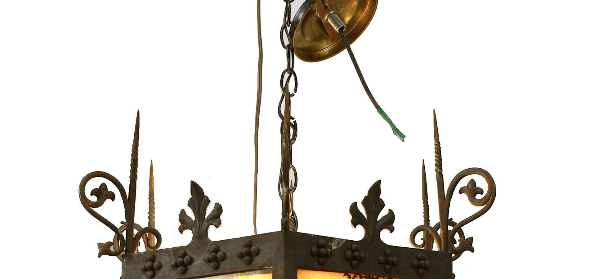 2 Italian Renaissance-style (19th Century) wrought iron 6 sided hanging lanterns with silhouette arch design with scenes on glass panels. Signed (PRICED EACH).
