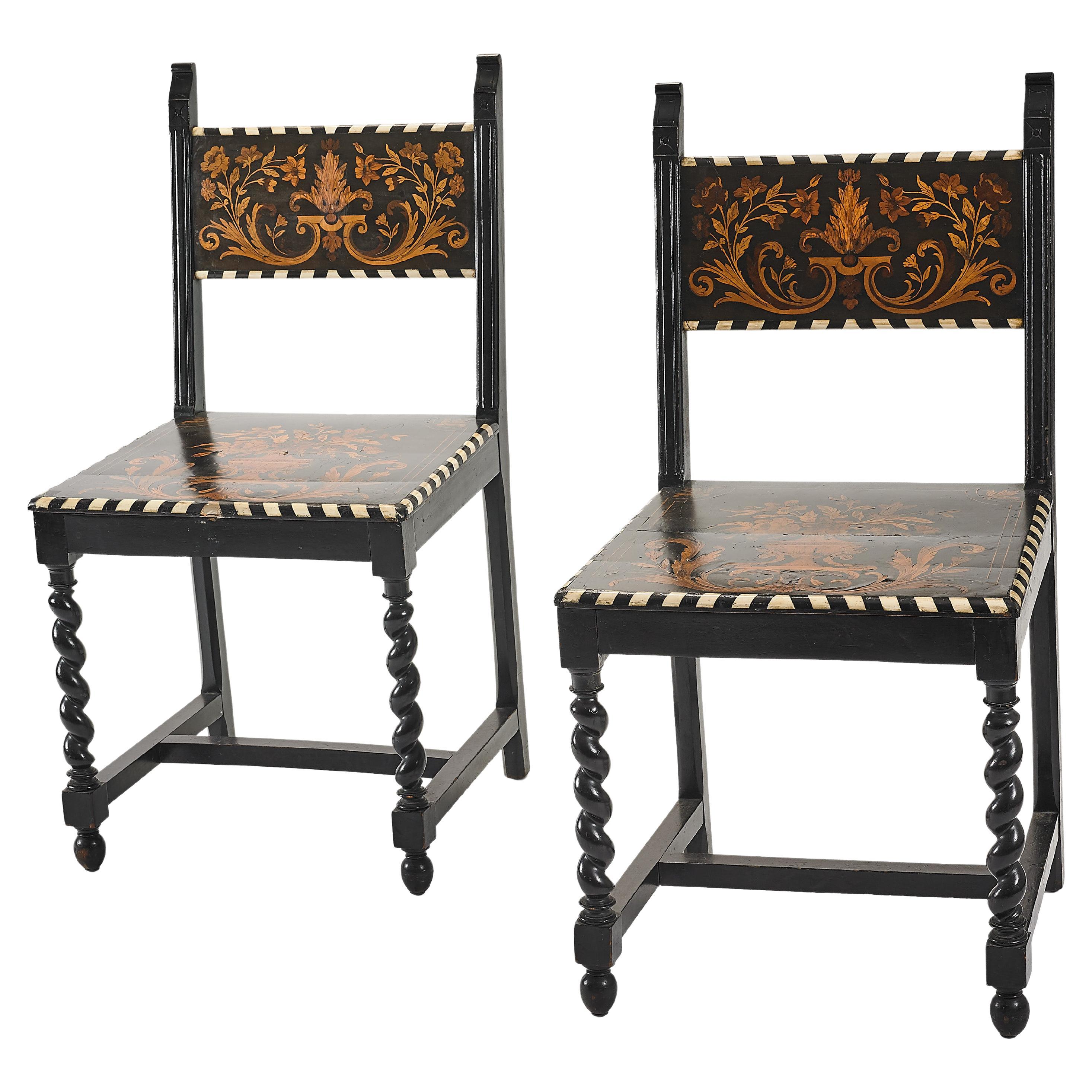 Italian Renaissance Style Inlaid Chairs, 'Pair' For Sale