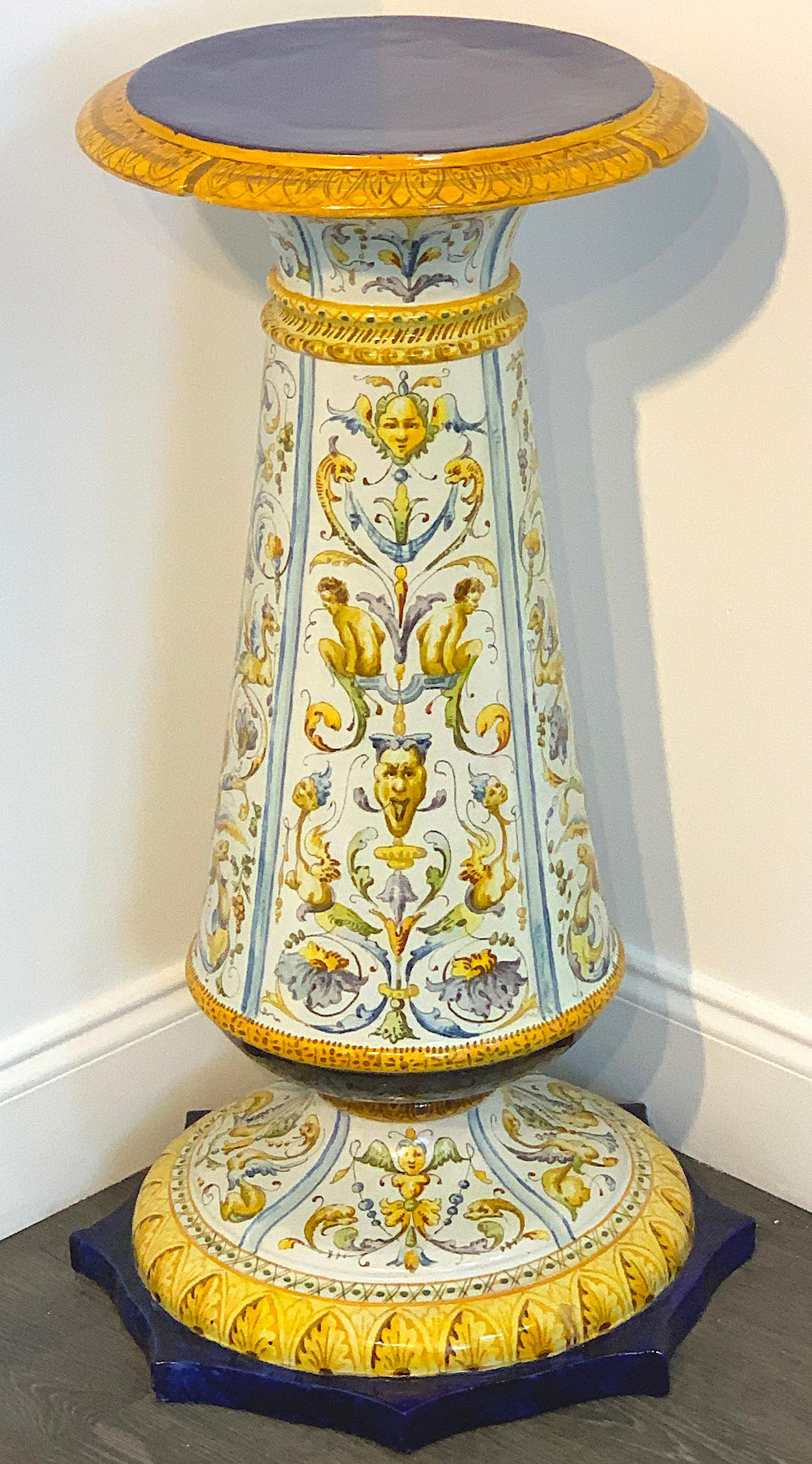 Italian Renaissance style Majolica pedestal by Achille Mollica
With exquisite typical polychromed Renaissance painted decoration
Marked to the underside Achille Mollica Blue crowned 'M'- 
Standing 33
