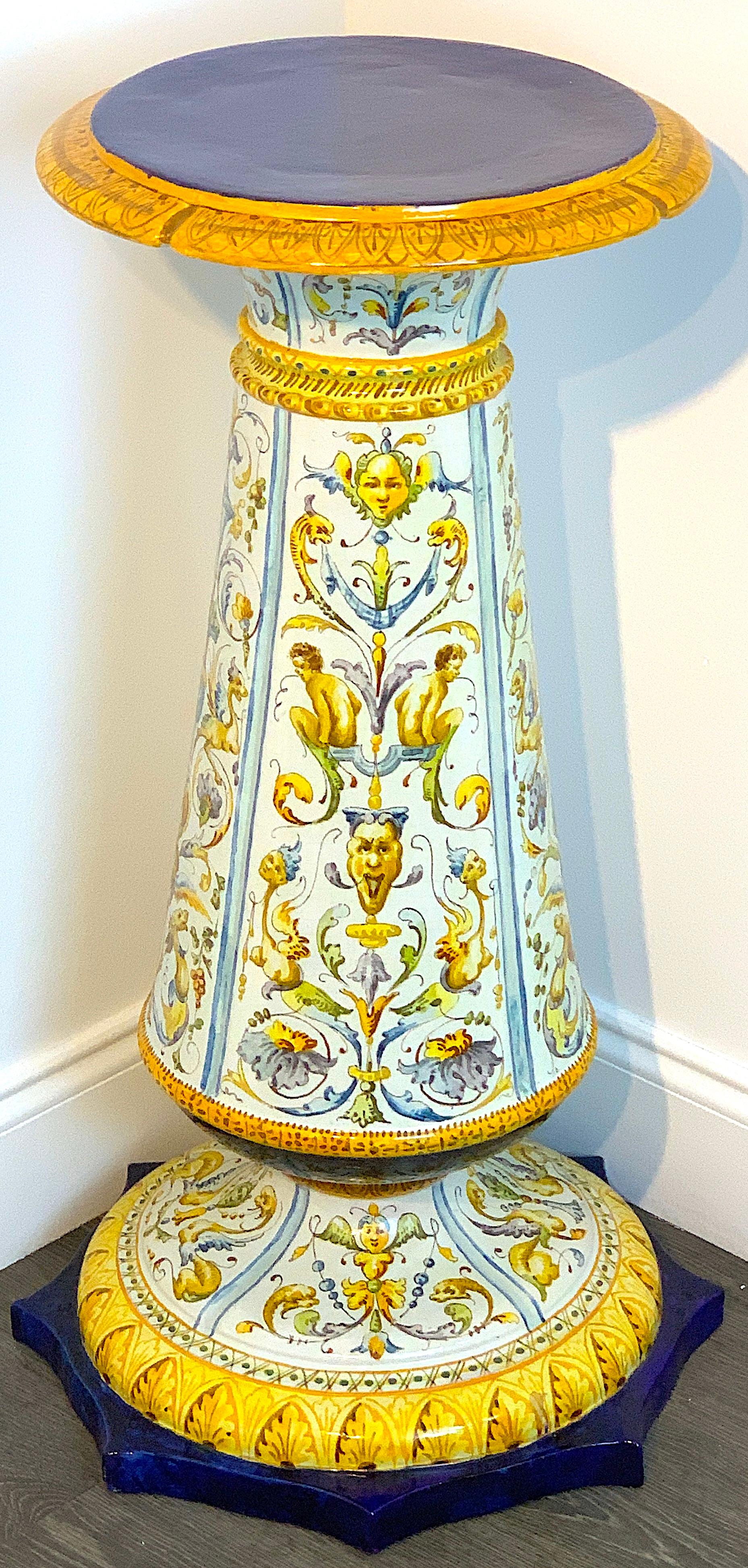 Hand-Painted Italian Renaissance Style Majolica Pedestal by Achille Mollica For Sale