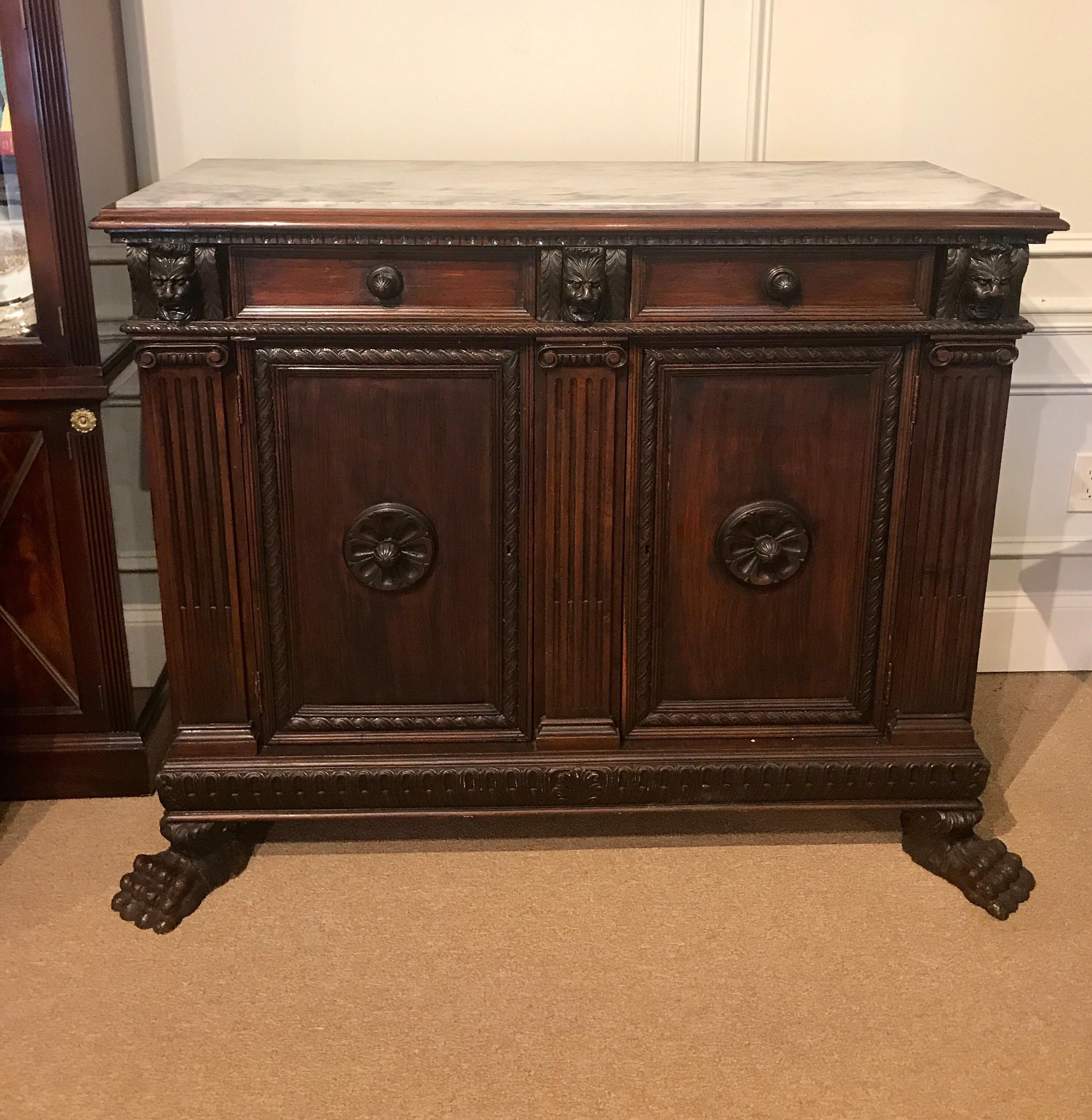 Antique Italian Baroque Style Marble Top Credenza In Good Condition In Atlanta, GA