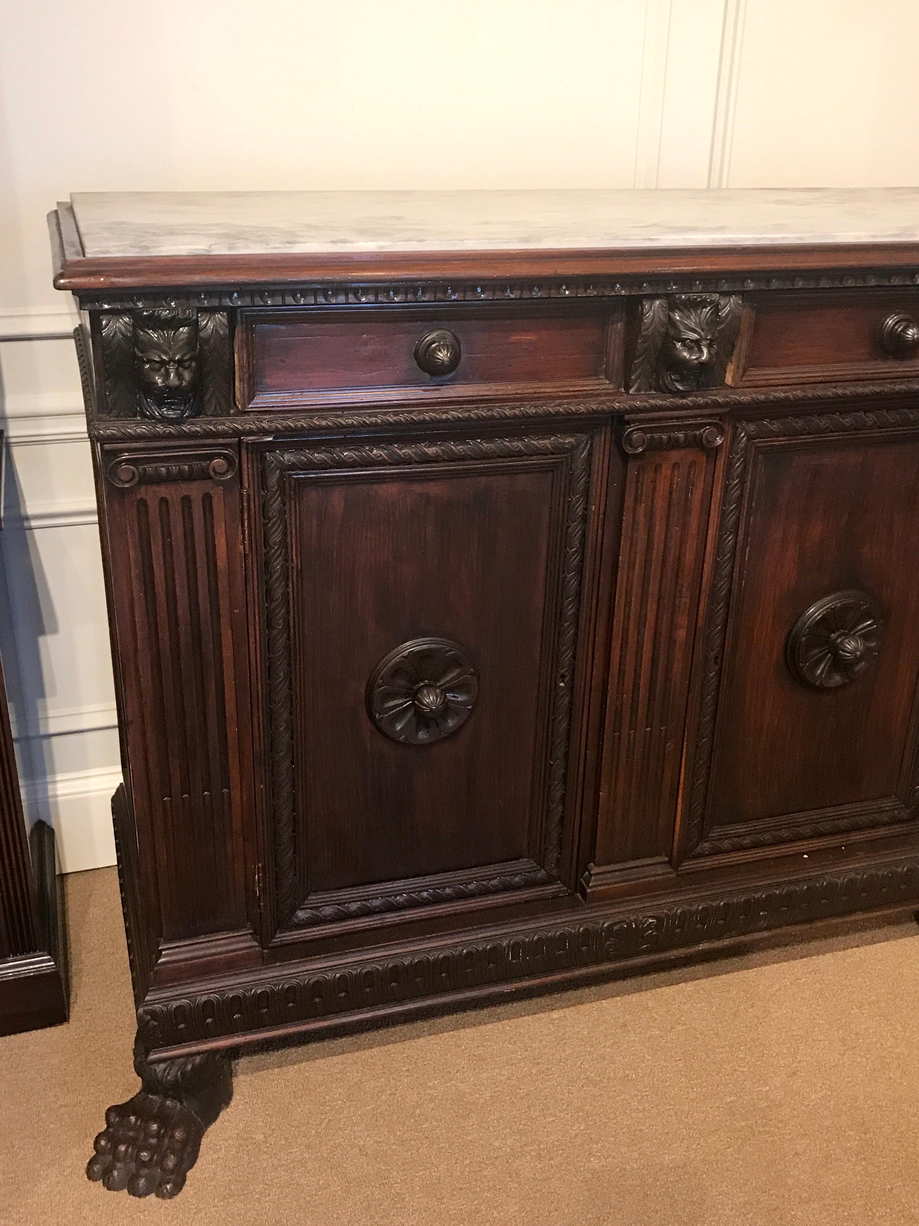 Renaissance Antique Italian Baroque Style Marble Top Credenza