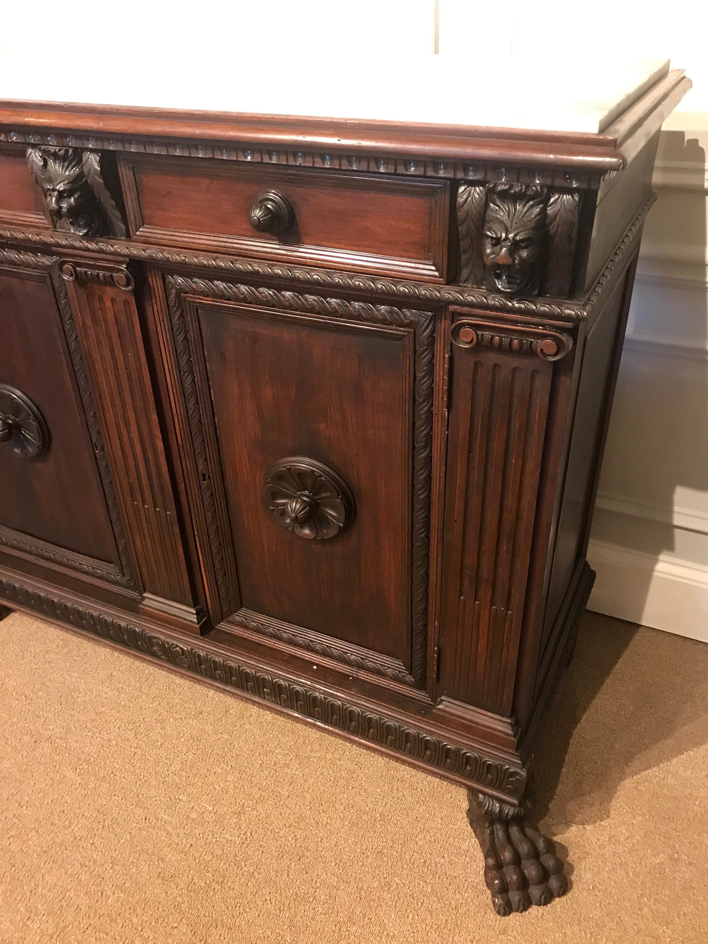 Walnut Antique Italian Baroque Style Marble Top Credenza 