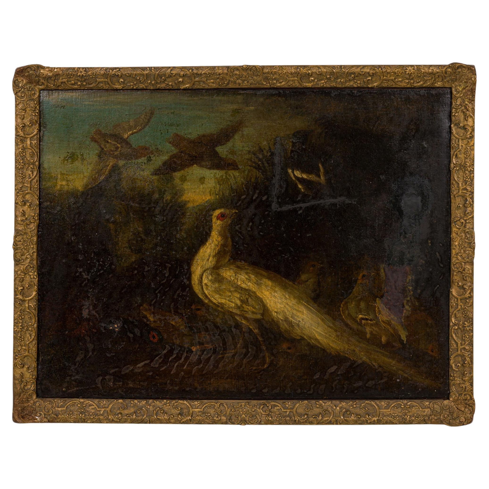 Peinture à l'huile italienne de style Renaissance représentant un paon blanc et d'autres oiseaux dans un cadre