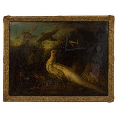 Peinture à l'huile italienne de style Renaissance représentant un paon blanc et d'autres oiseaux dans un cadre