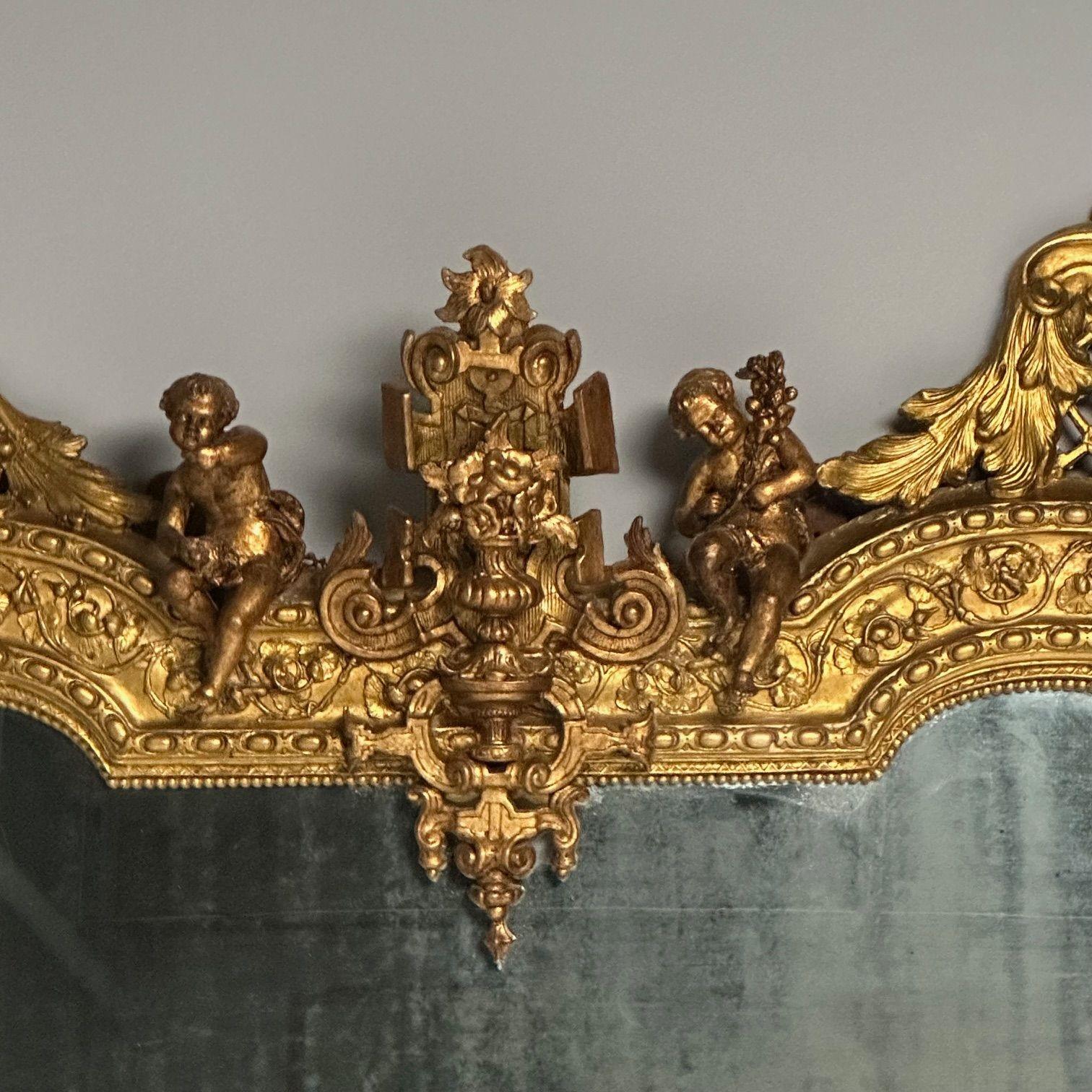 Designer italien, Renaissance, grand miroir mural, huile dorée, bois sculpté, années 1890 en vente 7