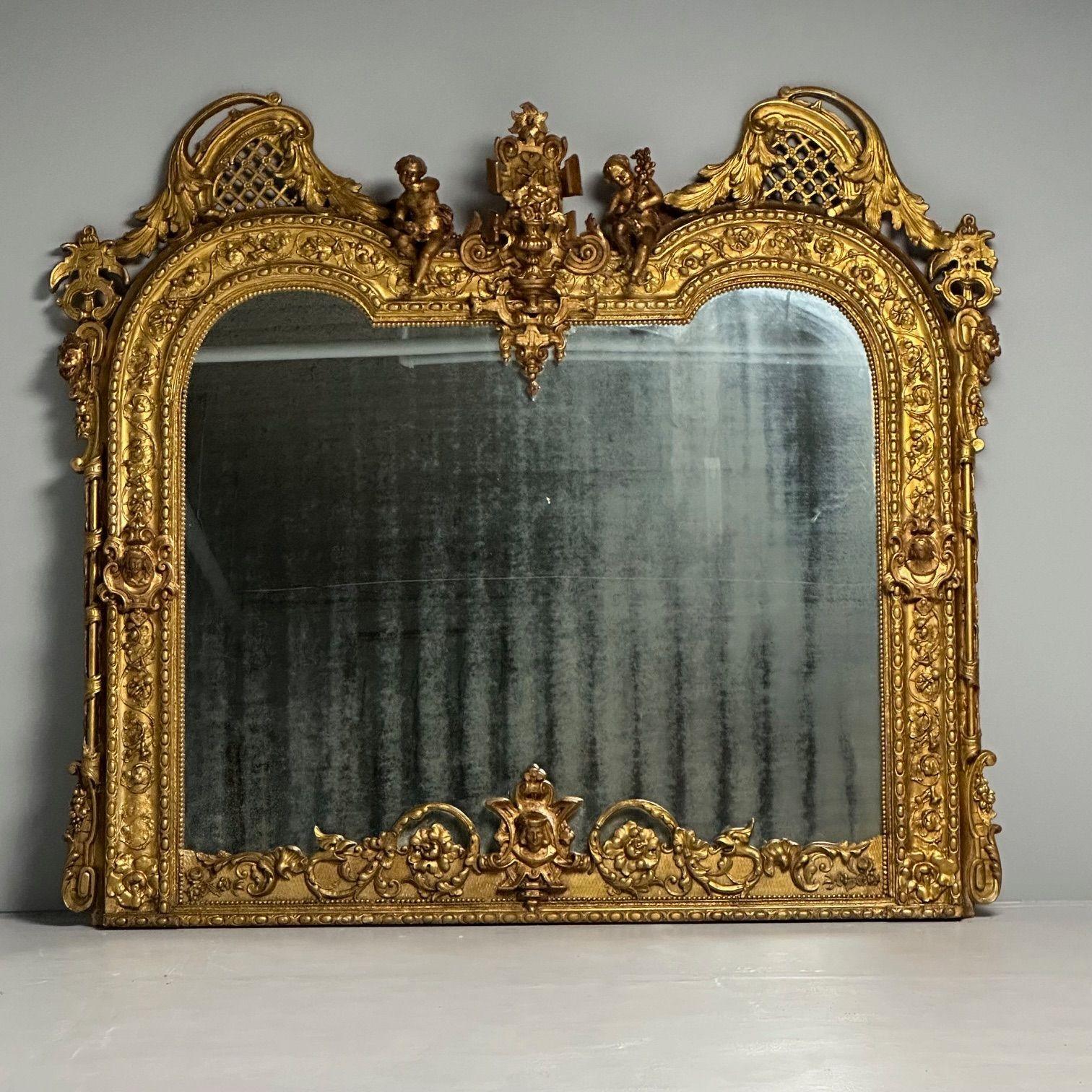 Italian Designer, Renaissance, Large Wall Mirror, Oil Gilded, Carved Wood, 1890s In Fair Condition For Sale In Stamford, CT