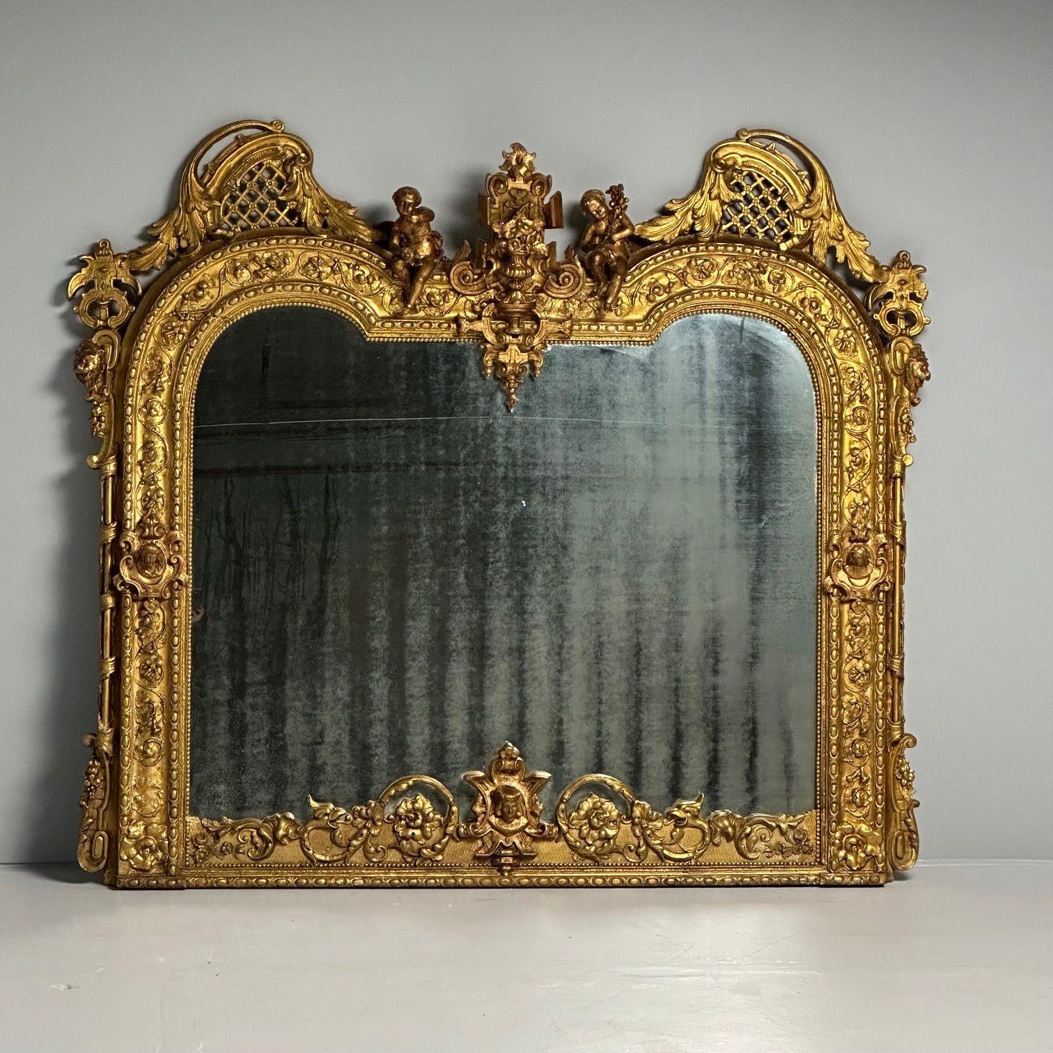 Miroir Designer italien, Renaissance, grand miroir mural, huile dorée, bois sculpté, années 1890 en vente