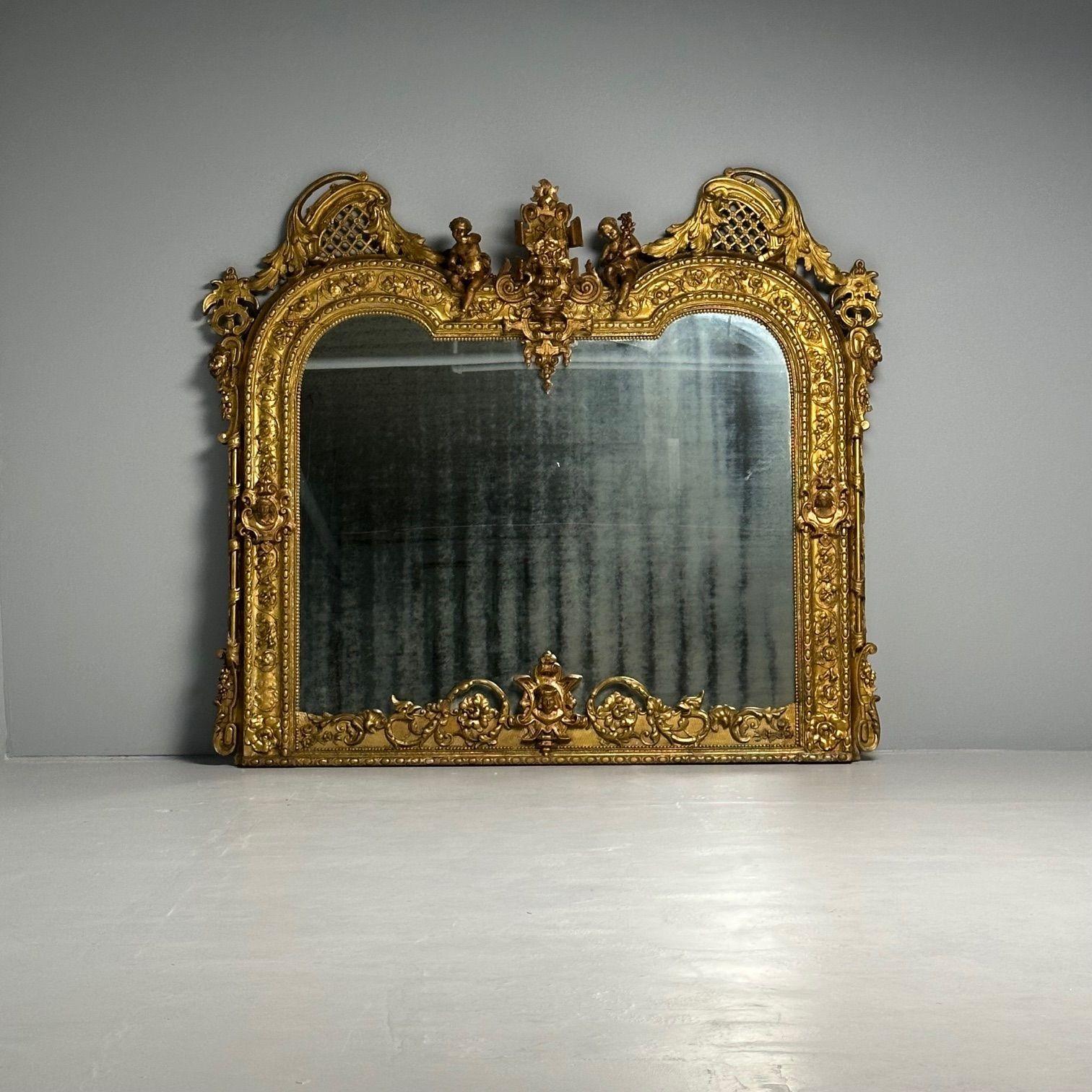 Designer italien, Renaissance, grand miroir mural, huile dorée, bois sculpté, années 1890 en vente 2