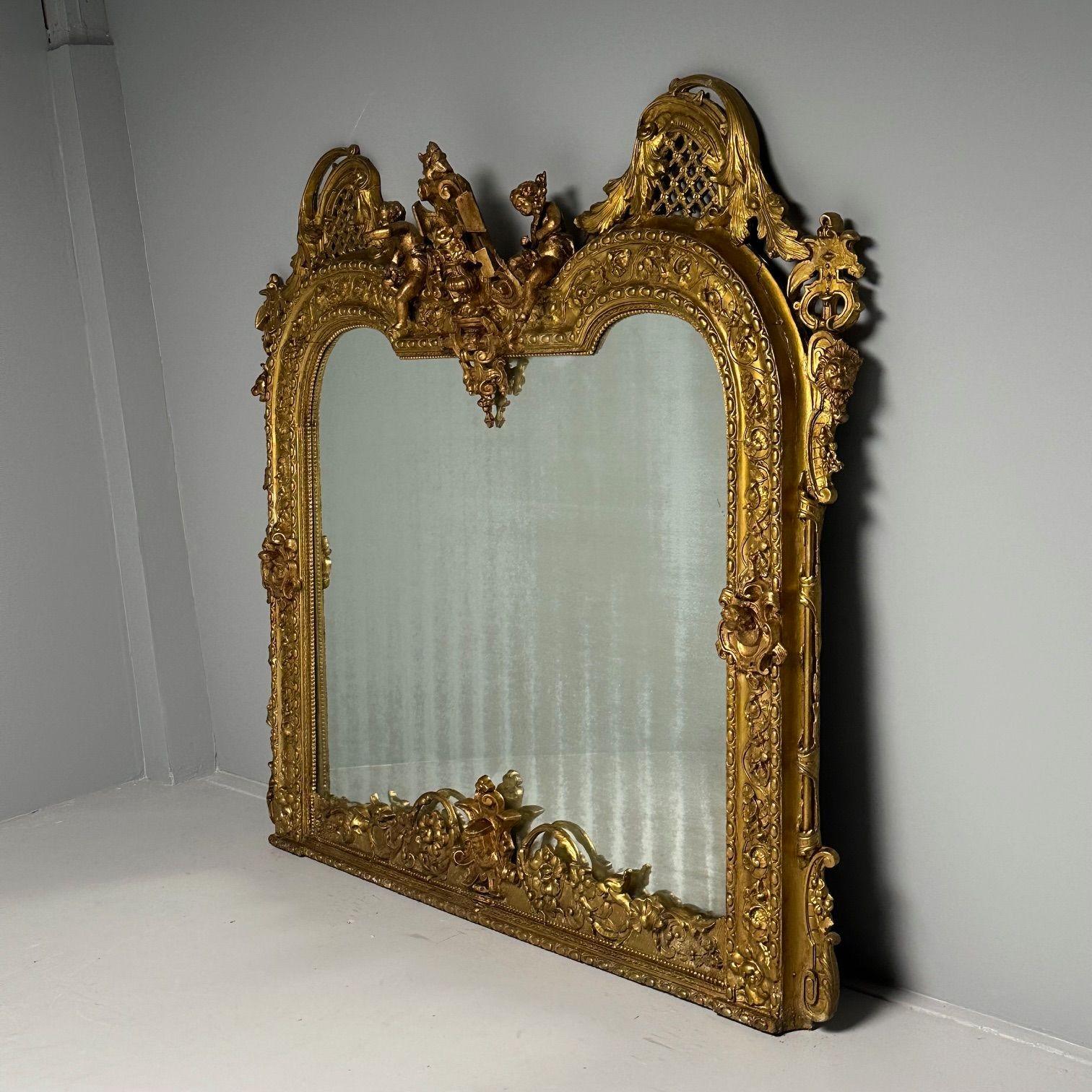 Italian Designer, Renaissance, Large Wall Mirror, Oil Gilded, Carved Wood, 1890s For Sale 4