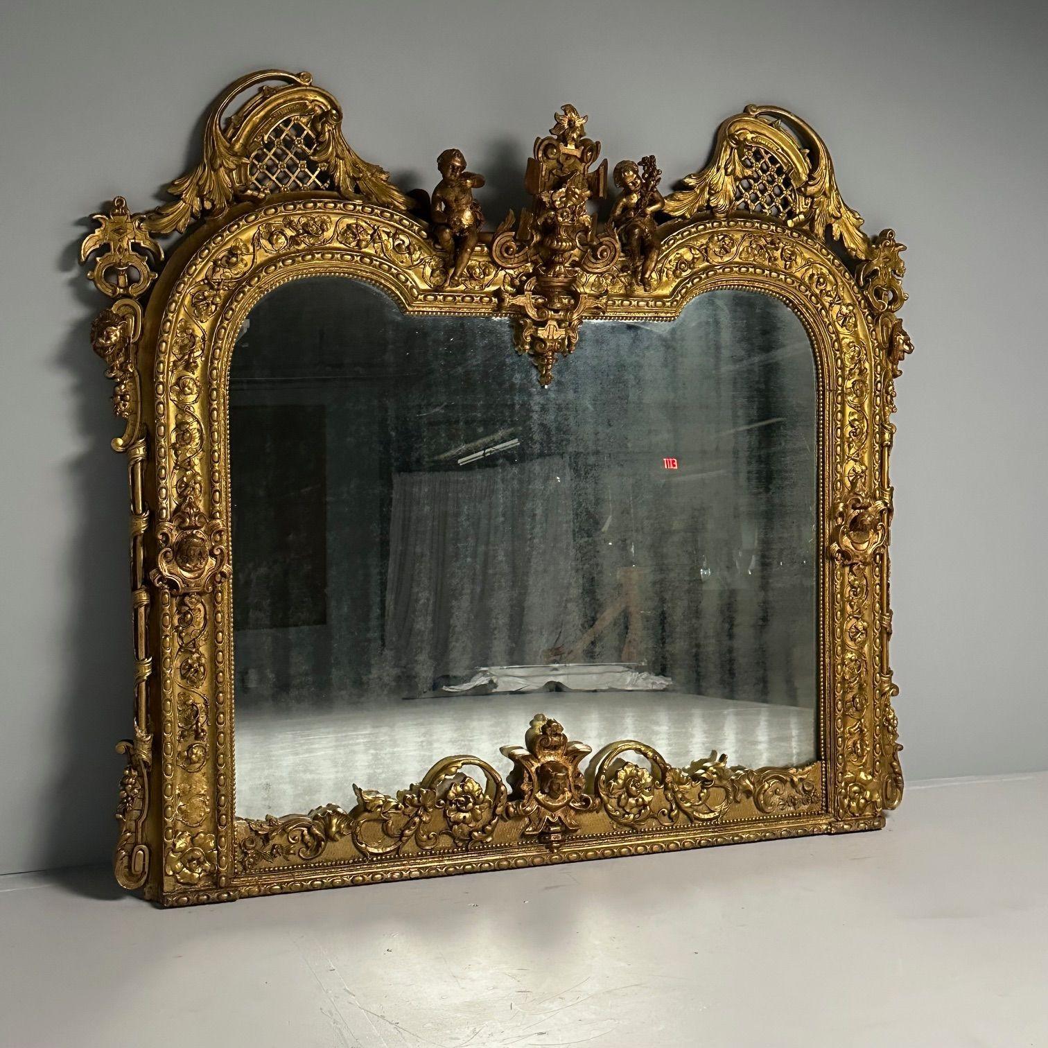 Designer italien, Renaissance, grand miroir mural, huile dorée, bois sculpté, années 1890 en vente 4