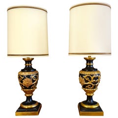 Vintage Italian Renaissance Style Pair of Tall Marbro Gilt Table Lamps, circa 1950