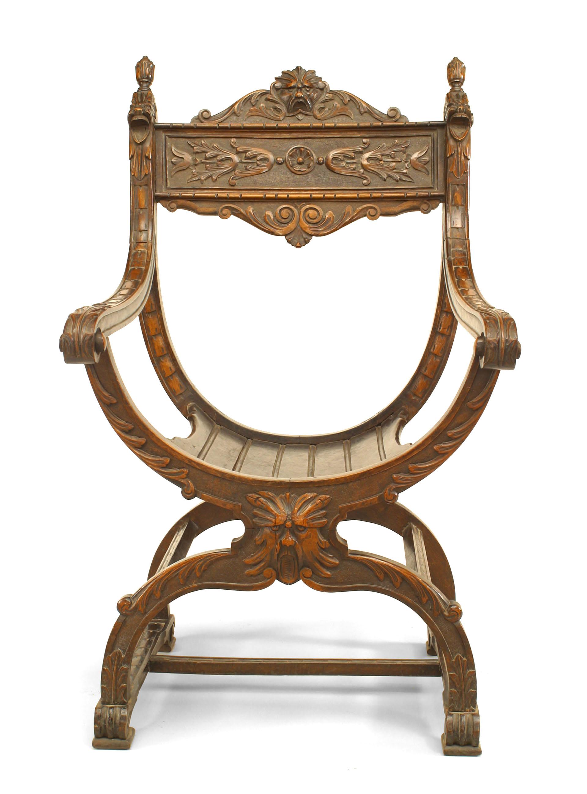 Hand-Carved Italian Renaissance Style Walnut Savonarola Armchair For Sale