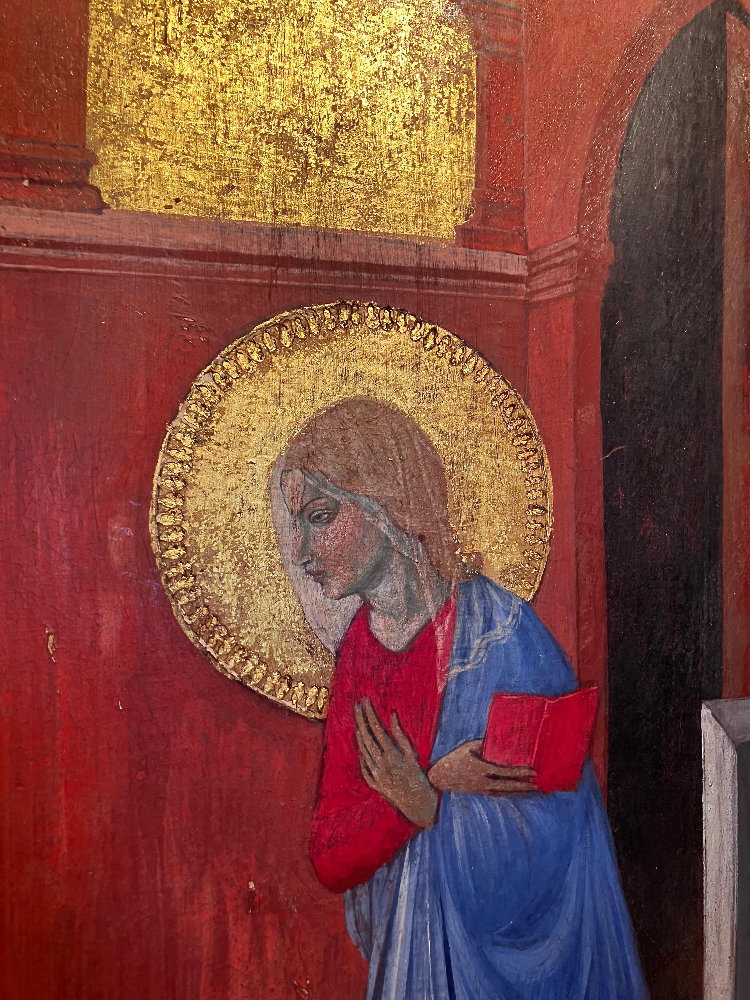 XIX secolo Tempera in stile rinascimentale italiano su pannello con fondo oro che dipinge l'Annunciazione in vendita