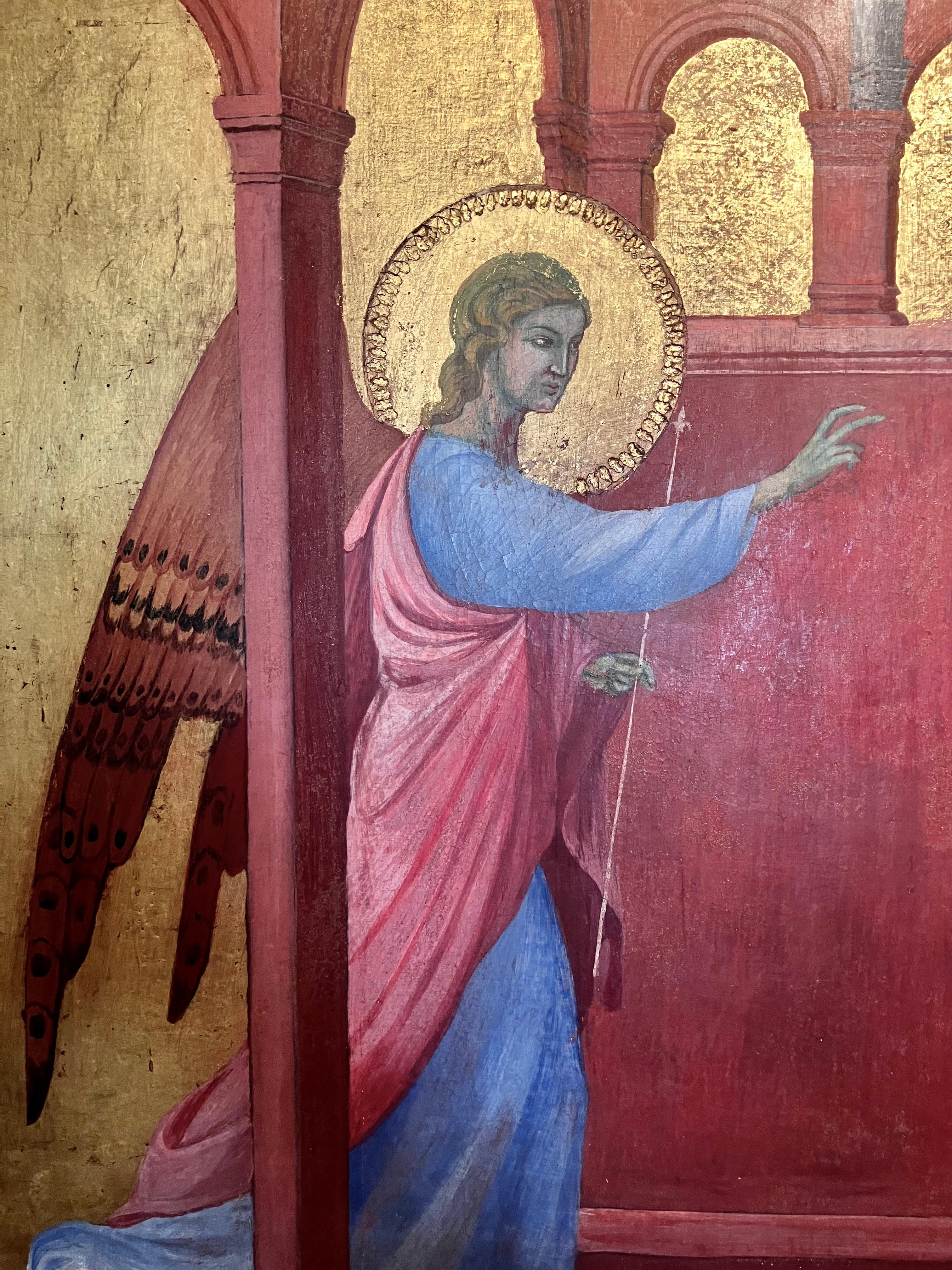 Foglia d’oro Tempera in stile rinascimentale italiano su pannello con fondo oro che dipinge l'Annunciazione in vendita