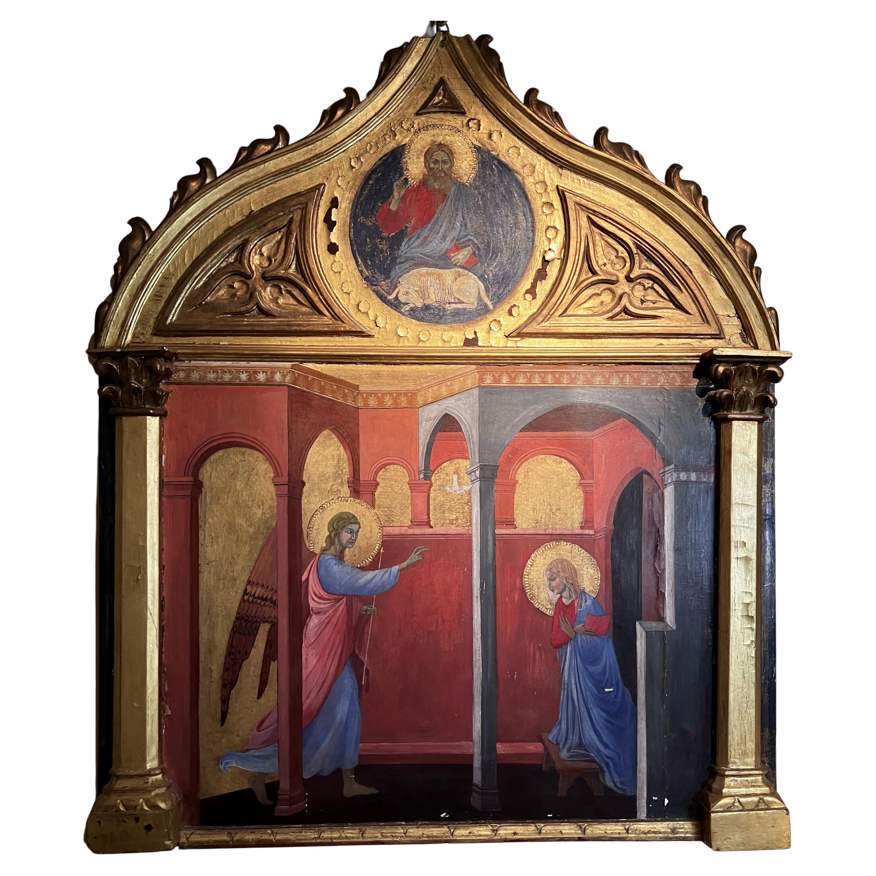 Tempera in stile rinascimentale italiano su pannello con fondo oro che dipinge l'Annunciazione in vendita