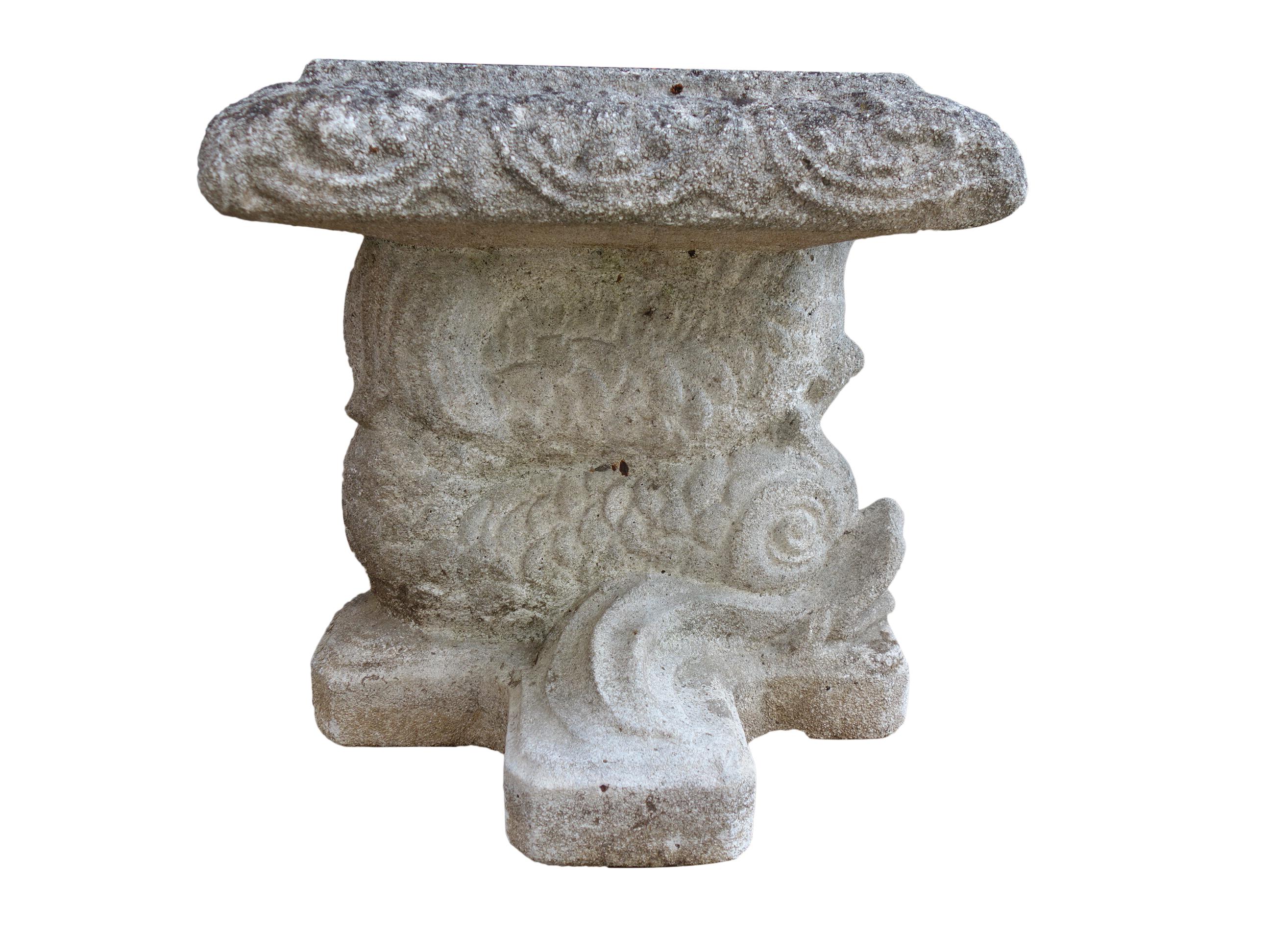 Patinated Italian Renaissance Style Venetian Grotto Dolphin Cast Stone Table & 4 Seat Set