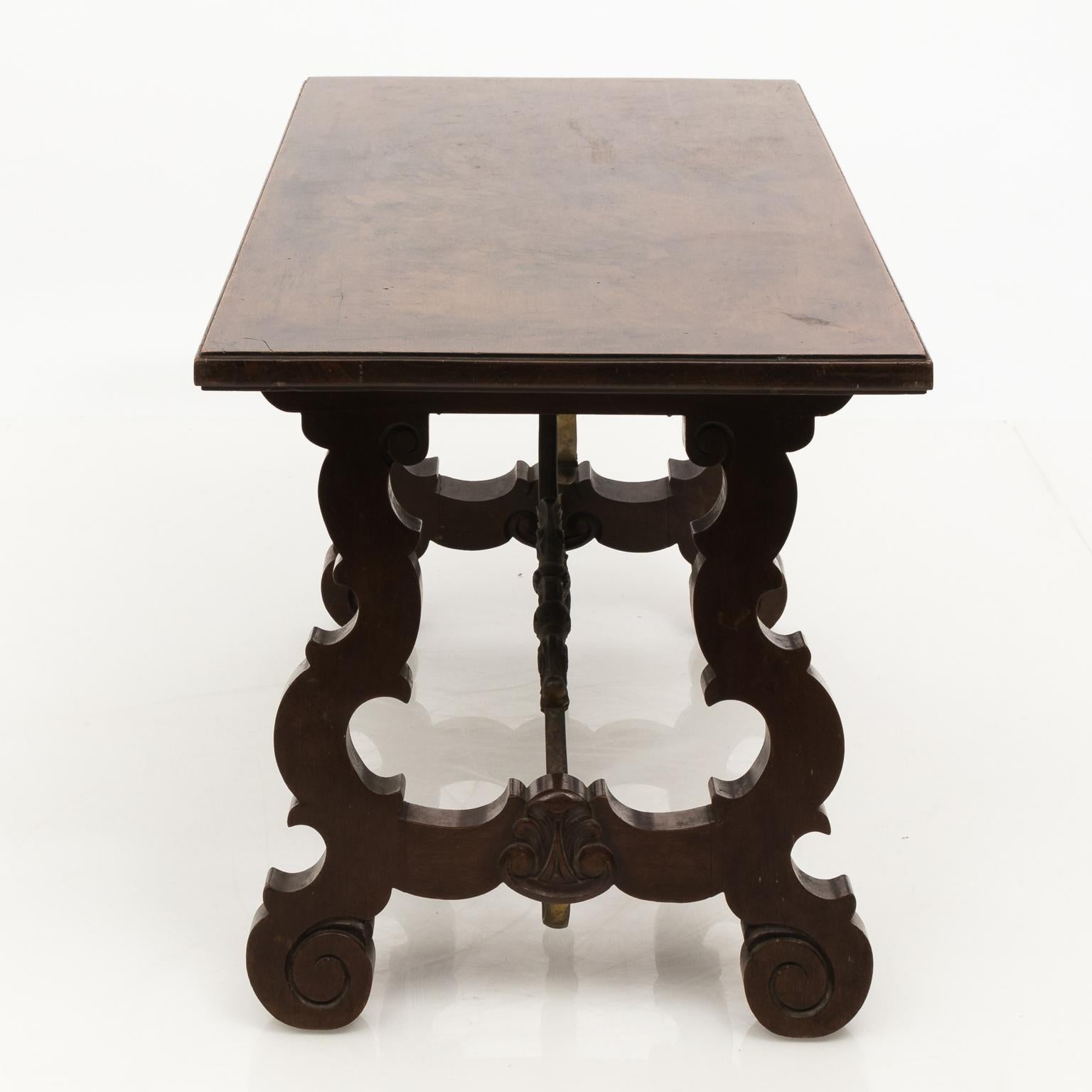 Italian Renaissance Style Walnut and Brass Trestle Coffee Table, circa 1950s For Sale 6