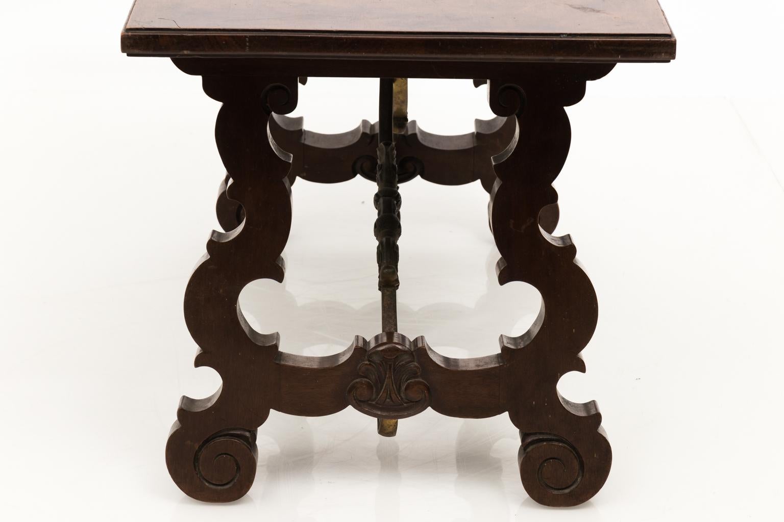 Italian Renaissance Style Walnut and Brass Trestle Coffee Table, circa 1950s For Sale 7