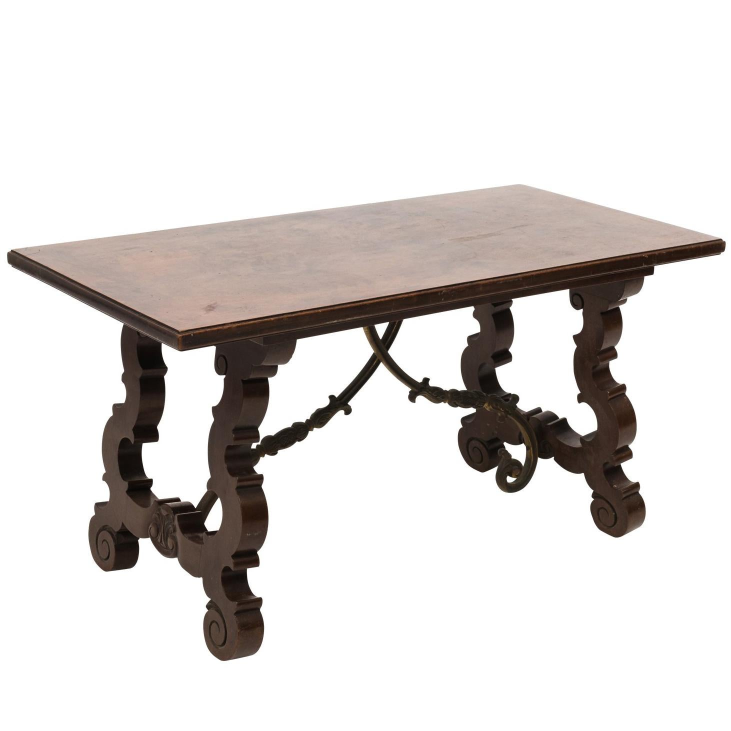 Italian Renaissance Style Walnut and Brass Trestle Coffee Table, circa 1950s For Sale