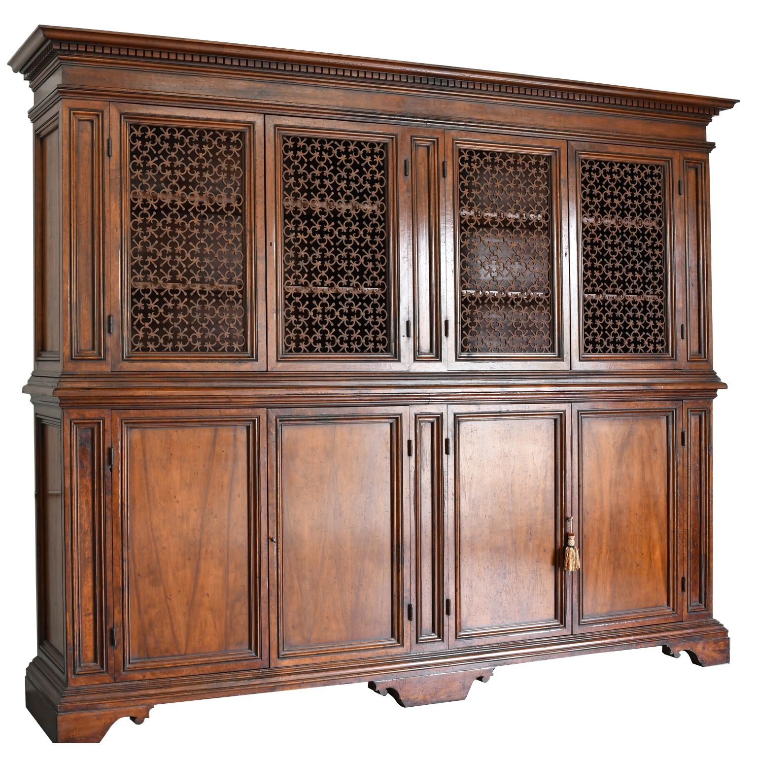 American Italian Renaissance Style Walnut Bookcase Cabinet with Iron Quatrefoil Panels