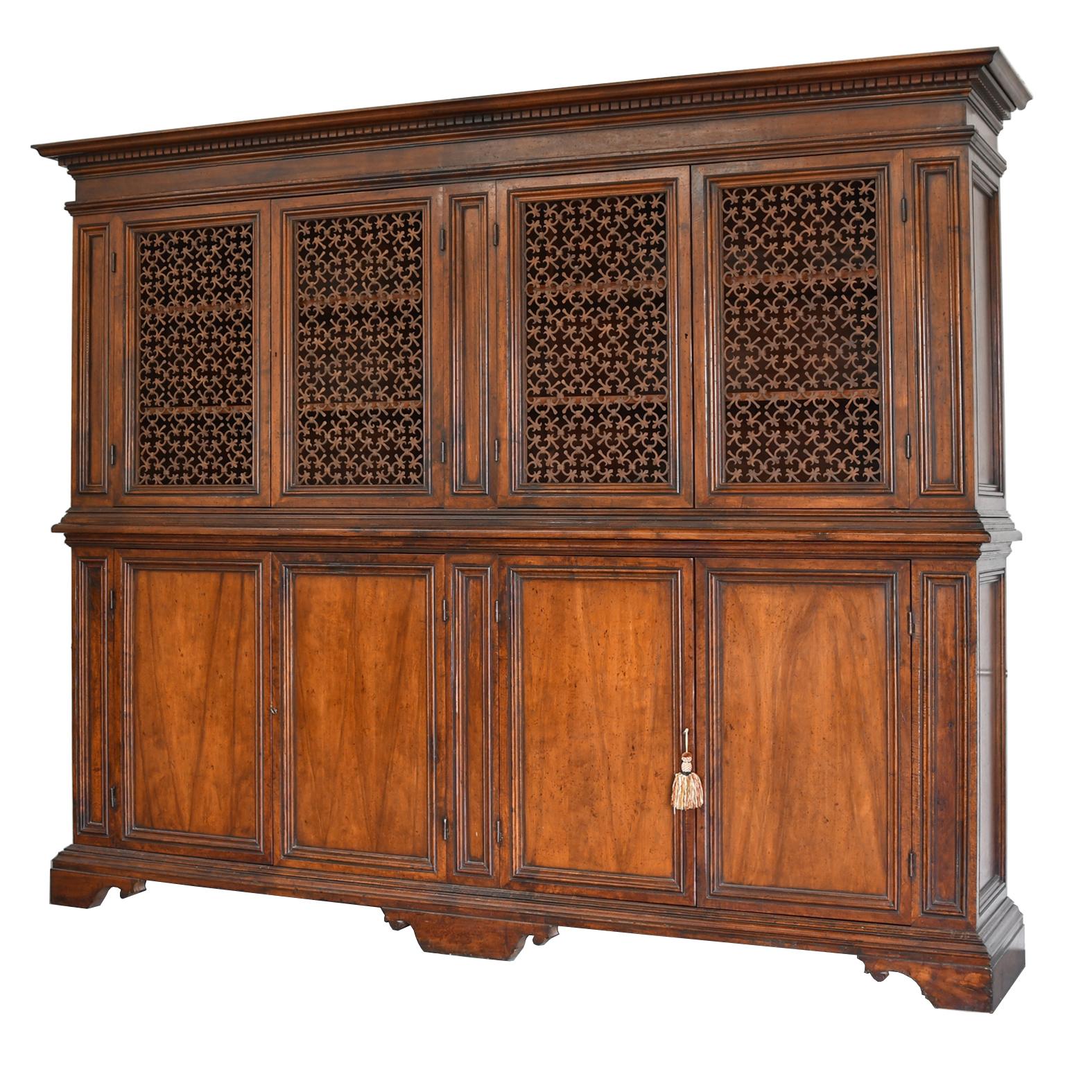 Carved Italian Renaissance Style Walnut Bookcase Cabinet with Iron Quatrefoil Panels