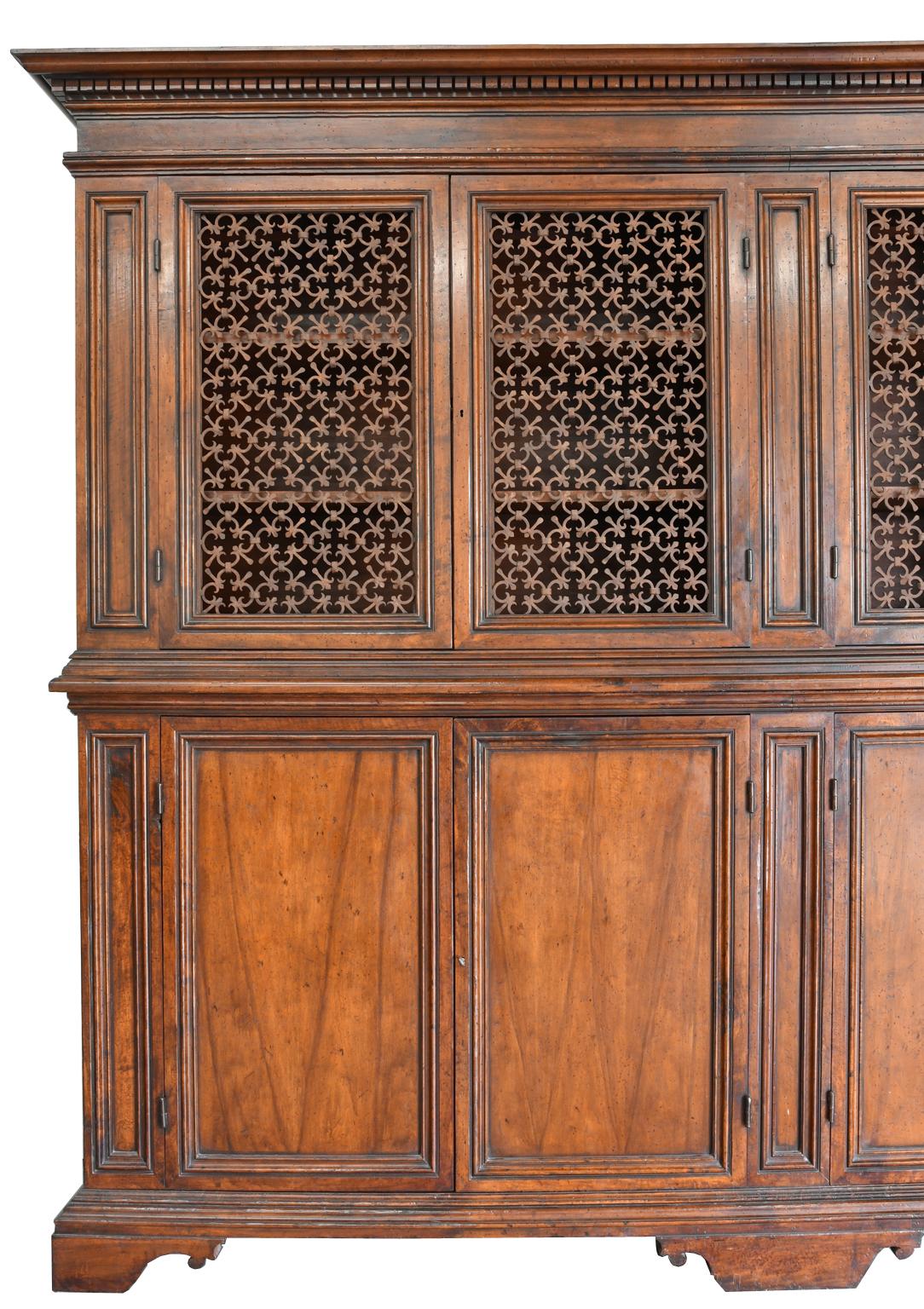 Italian Renaissance Style Walnut Bookcase Cabinet with Iron Quatrefoil Panels In Good Condition In Miami, FL