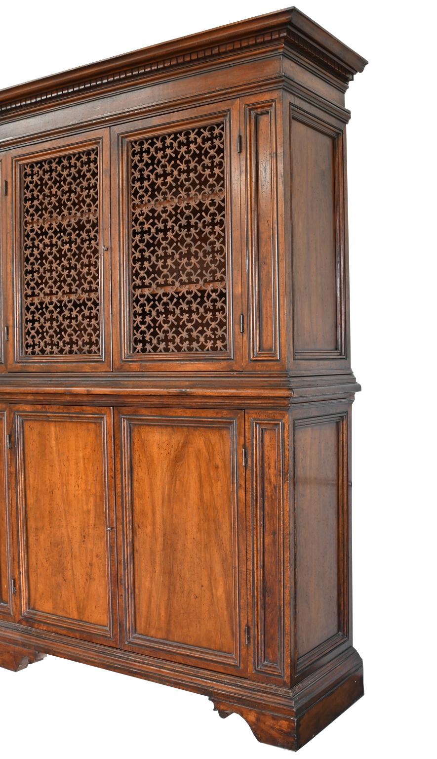 Contemporary Italian Renaissance Style Walnut Bookcase Cabinet with Iron Quatrefoil Panels