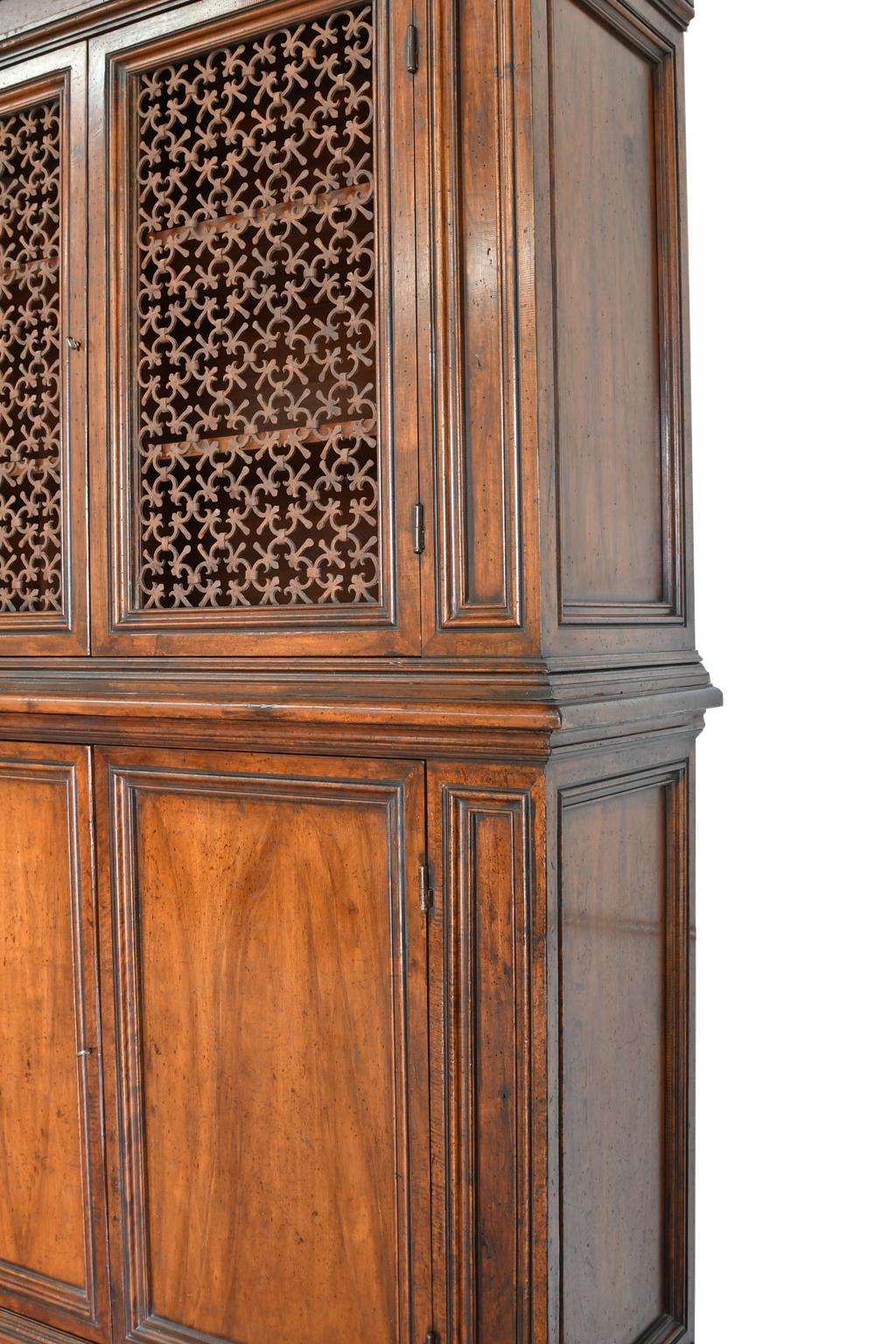 Italian Renaissance Style Walnut Bookcase Cabinet with Iron Quatrefoil Panels 1
