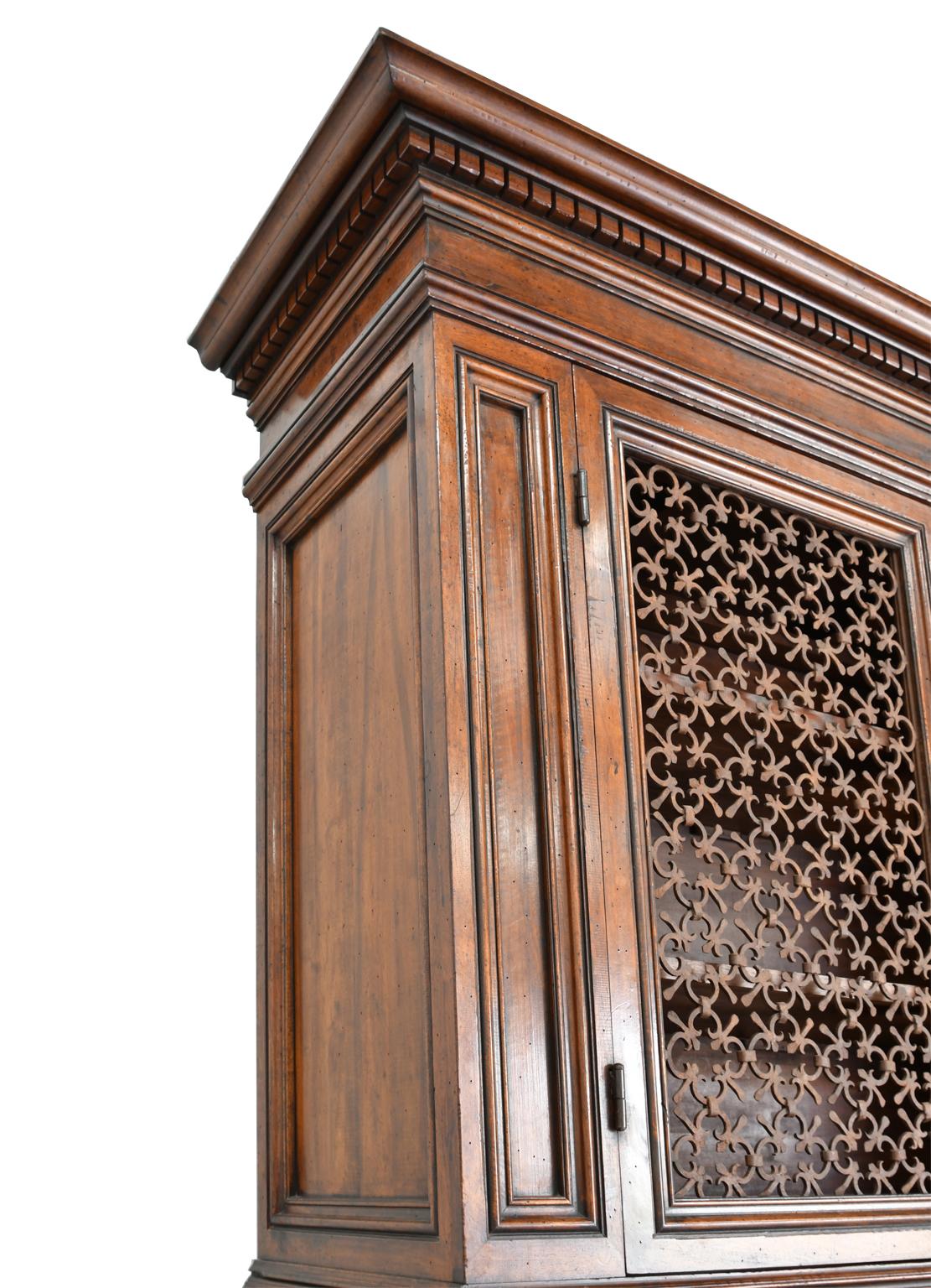 Italian Renaissance Style Walnut Bookcase Cabinet with Iron Quatrefoil Panels 3