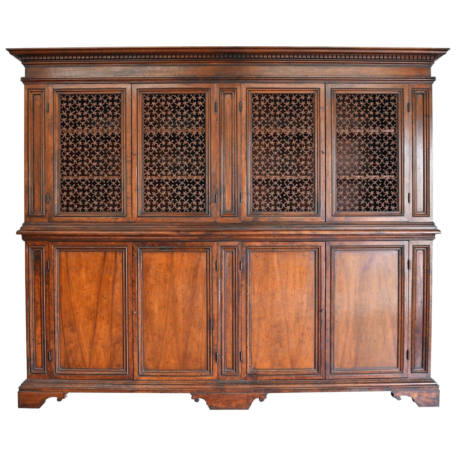 Italian Renaissance Style Walnut Bookcase Cabinet with Iron Quatrefoil Panels