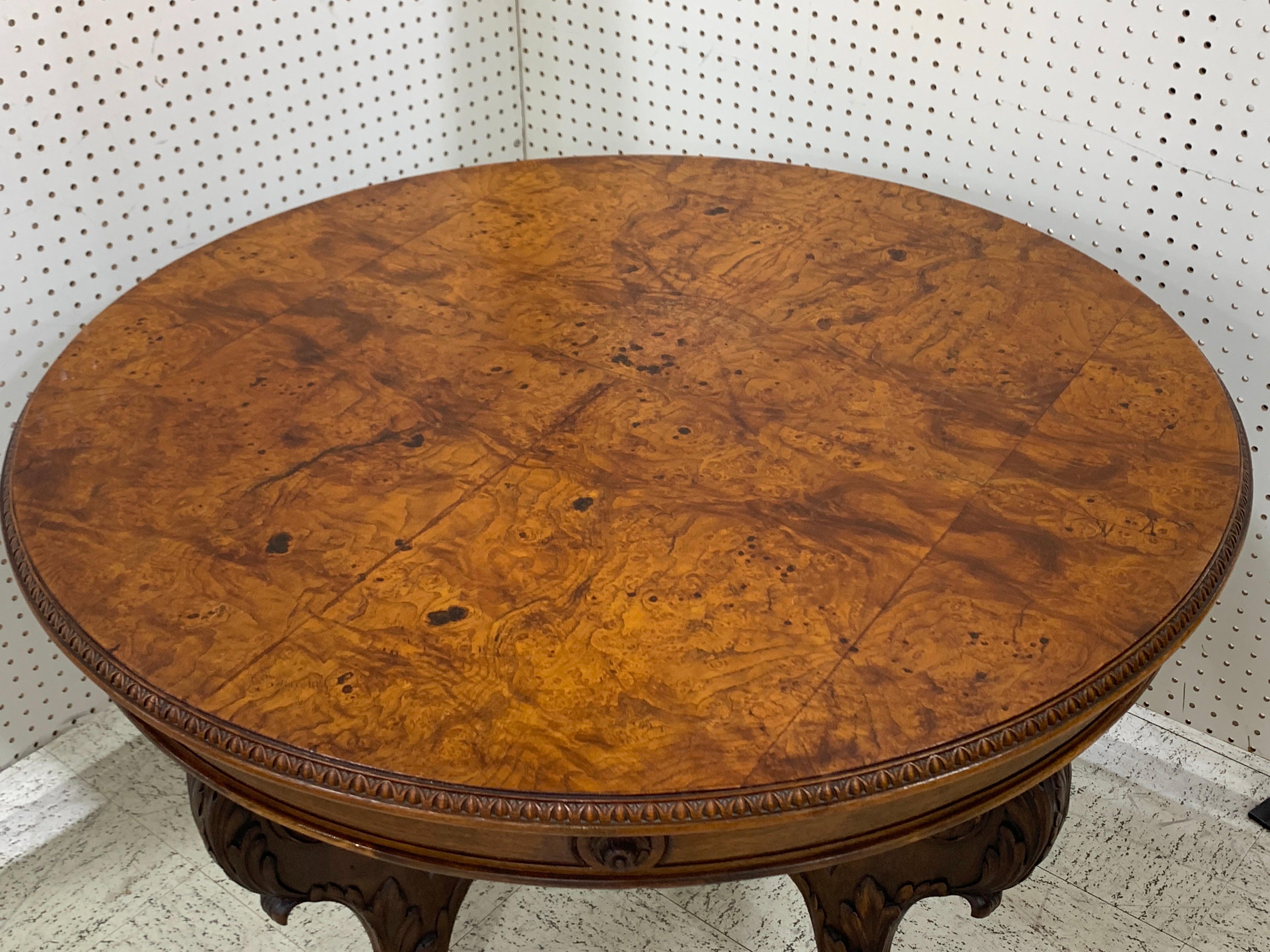 Carved Italian Renaissance Style Walnut and Burl Round Table For Sale