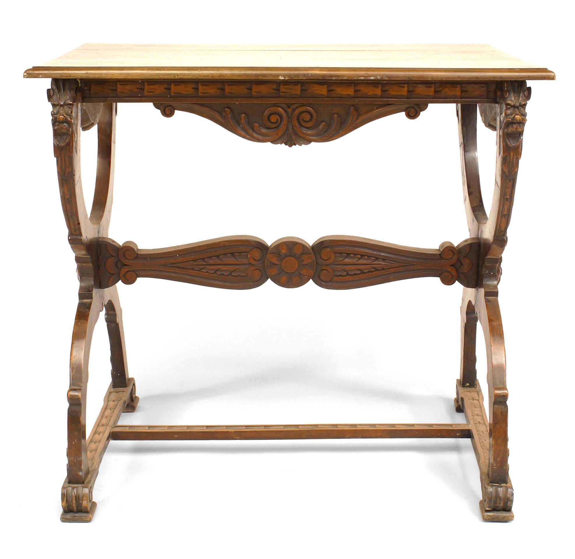 Italian Renaissance-style (19/20th Century) walnut carved cross leg end table with 2 stretchers
