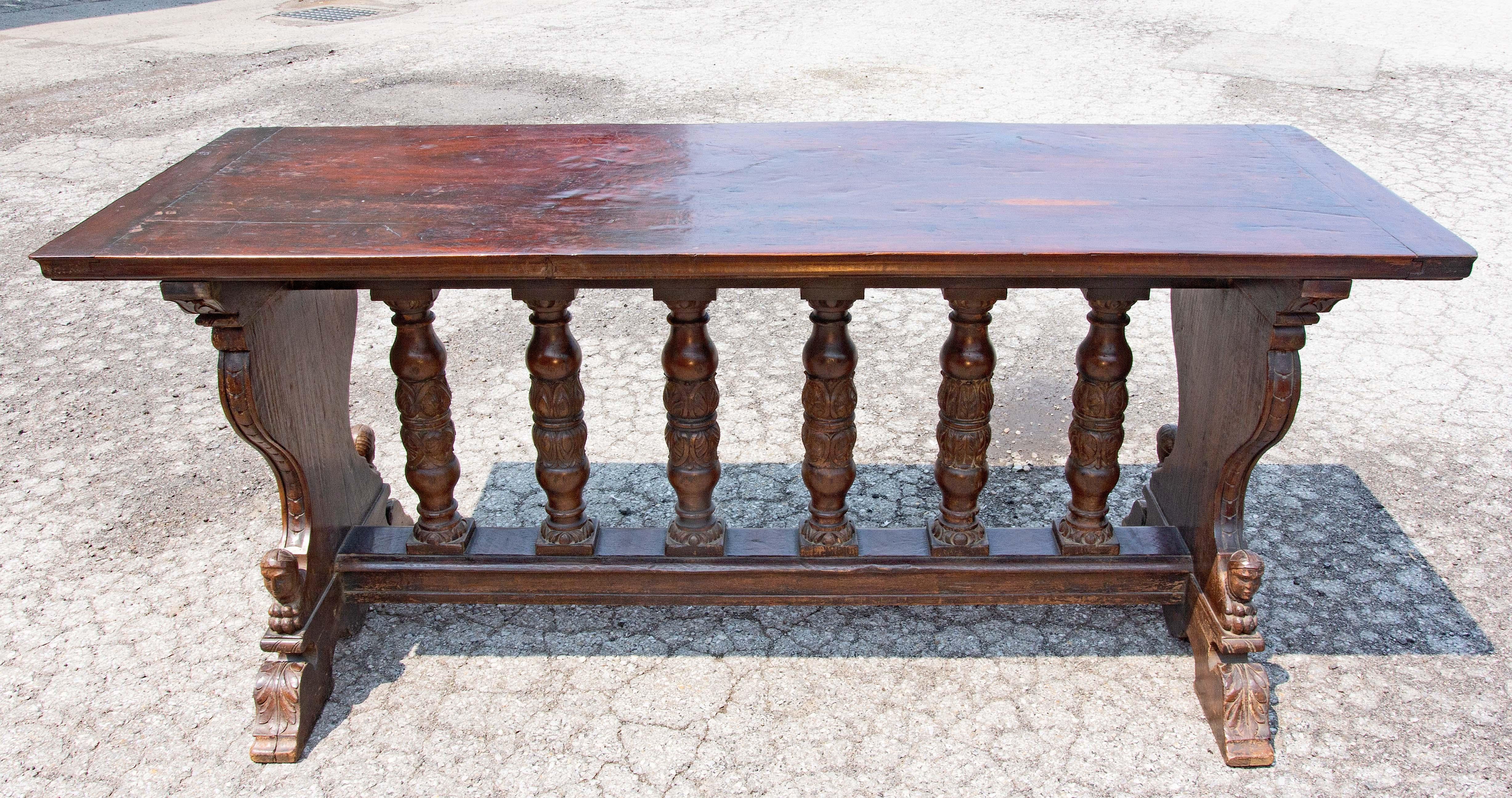 Italian 19th century renaissance style refractory or library table. Solid walnut. Well carved. Top has rich color. Please, contact us for shipping options. 
