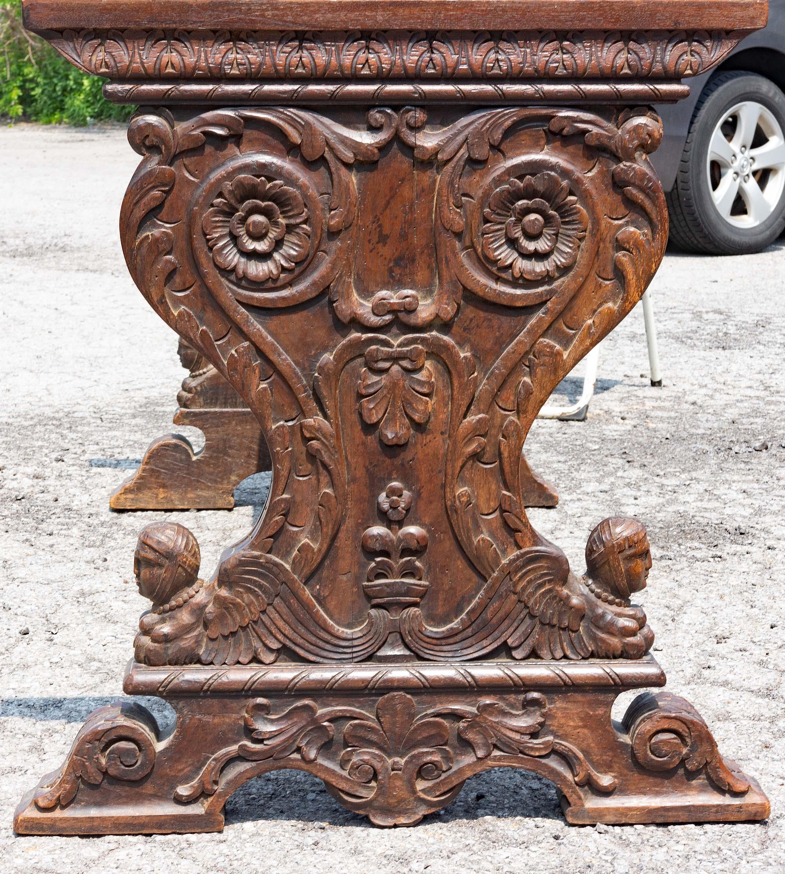 Carved Italian Renaissance Style Walnut Refractory or Library Table  For Sale