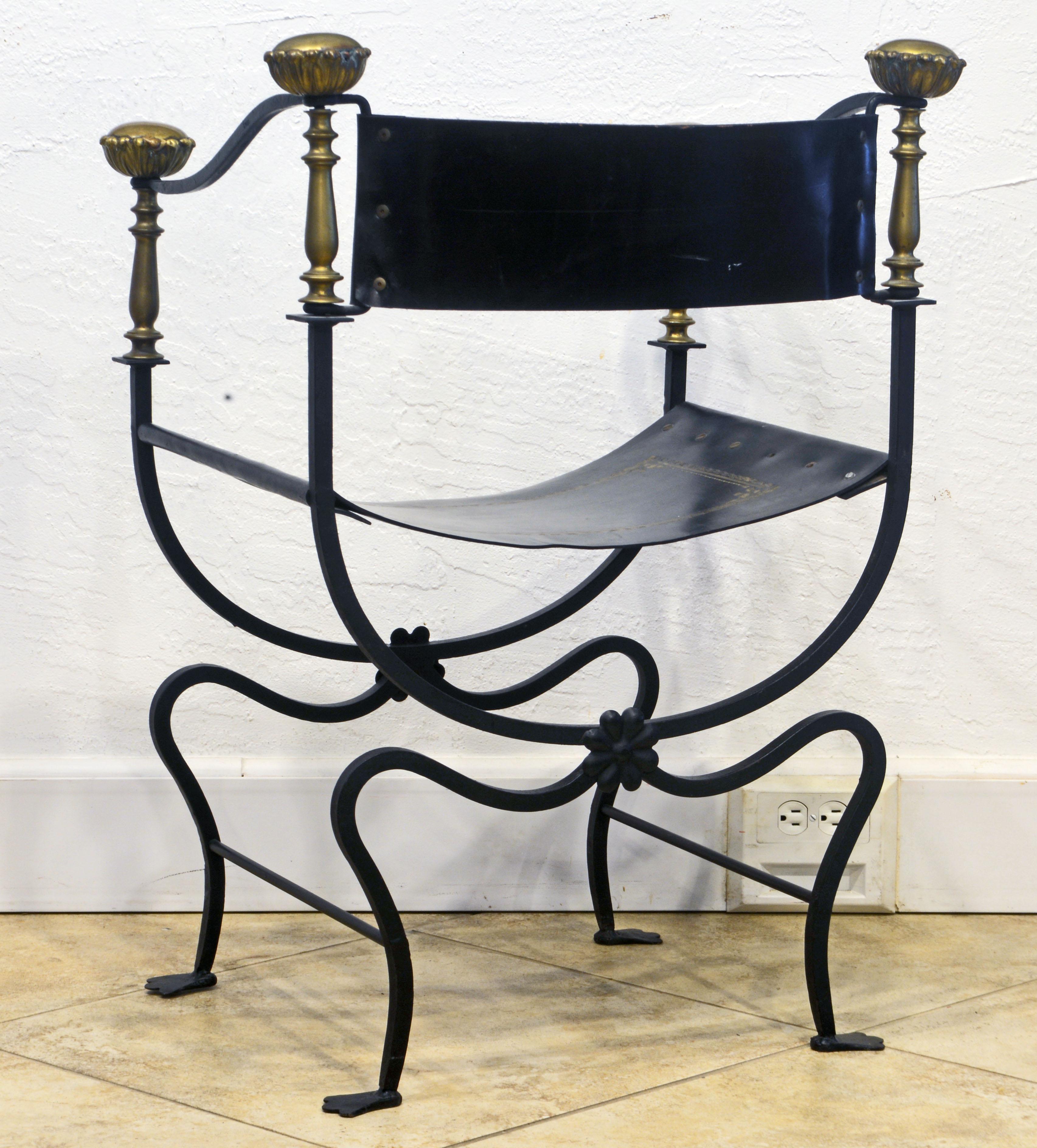 Gilt Italian Renaissance Style Wrought Iron and Brass Savonarola Chair, 20th Century