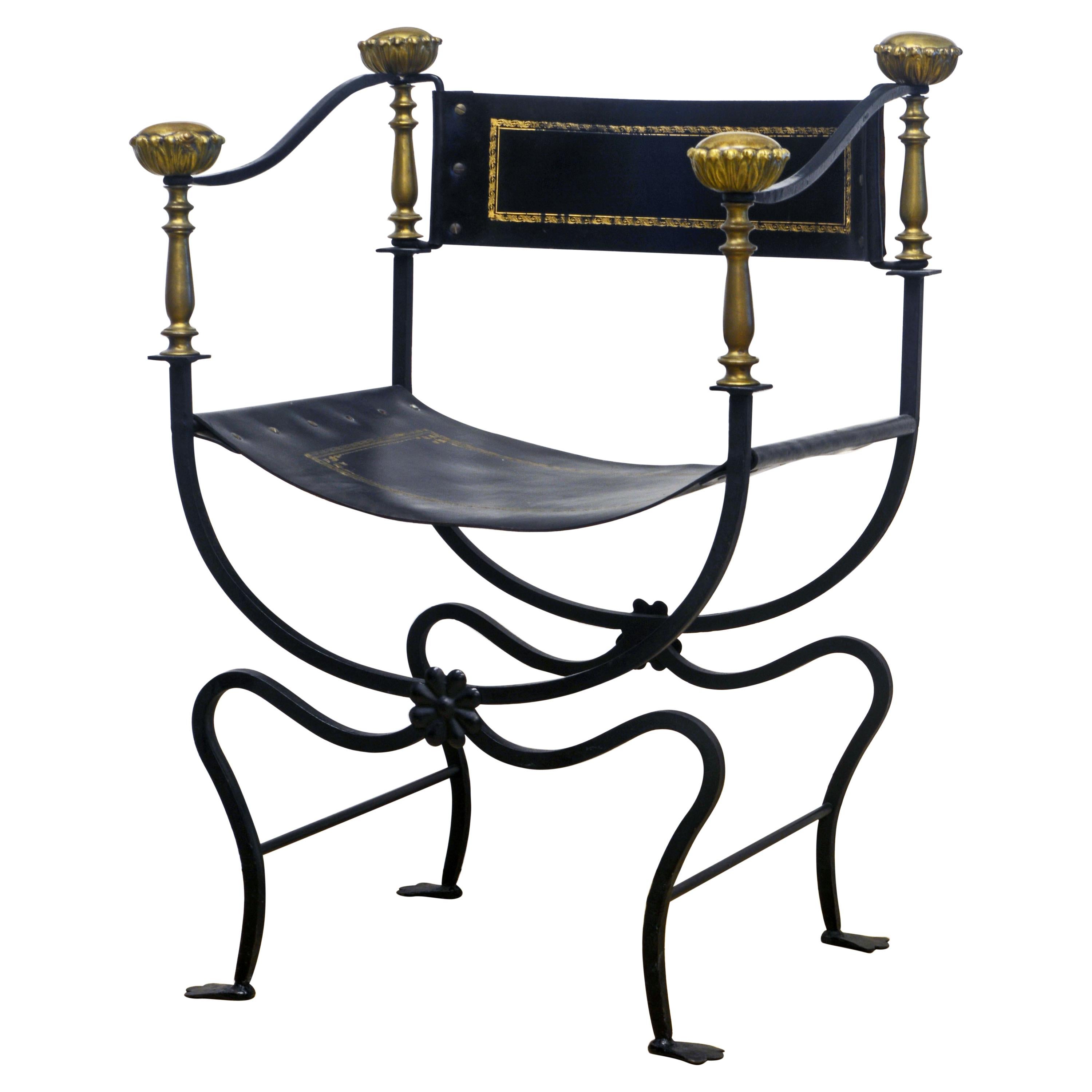Italian Renaissance Style Wrought Iron and Brass Savonarola Chair, 20th Century