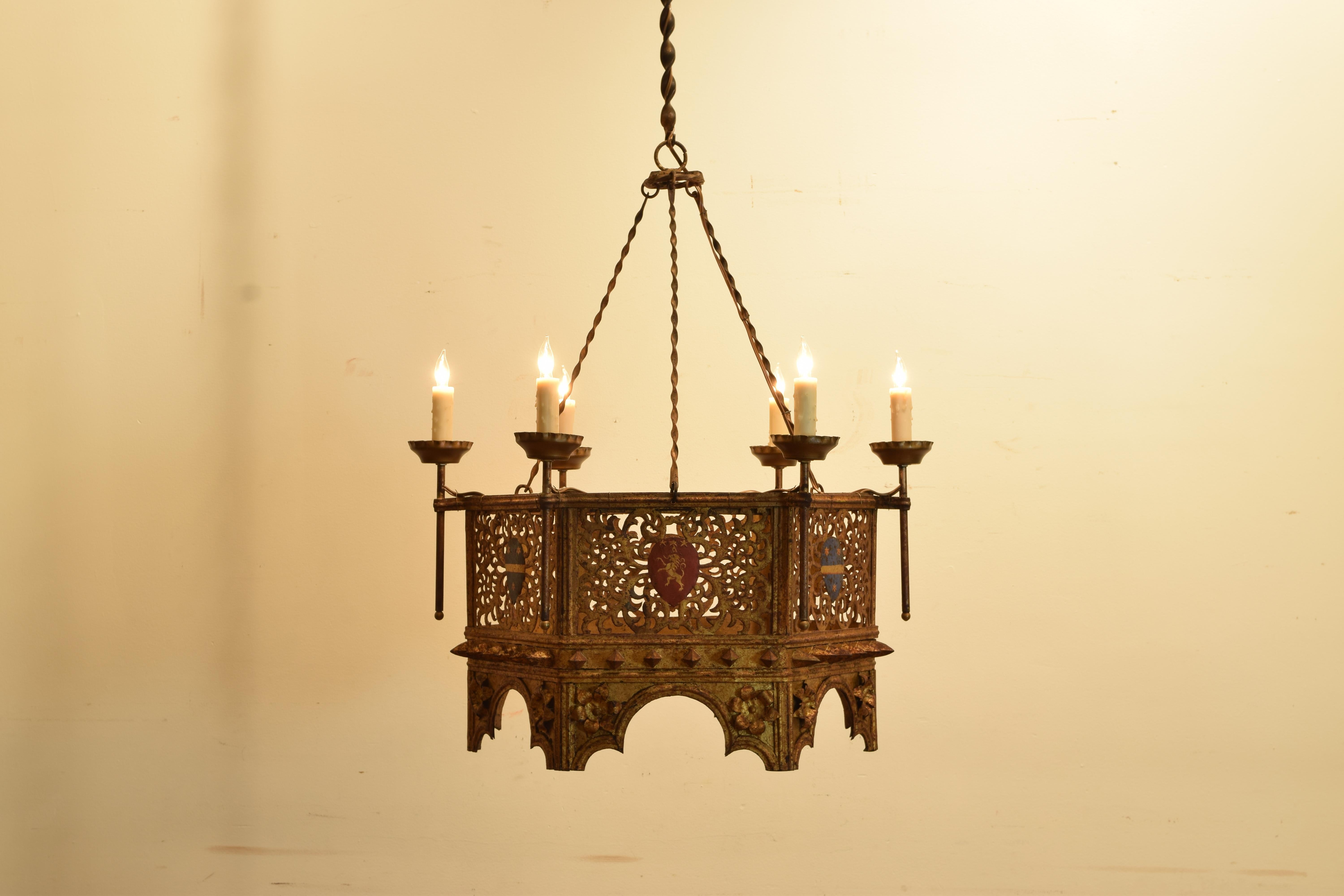 Renaissance Revival Italian Renaissance Style Wrought Iron & Gilt & Painted Metal 6-Light Chandelier